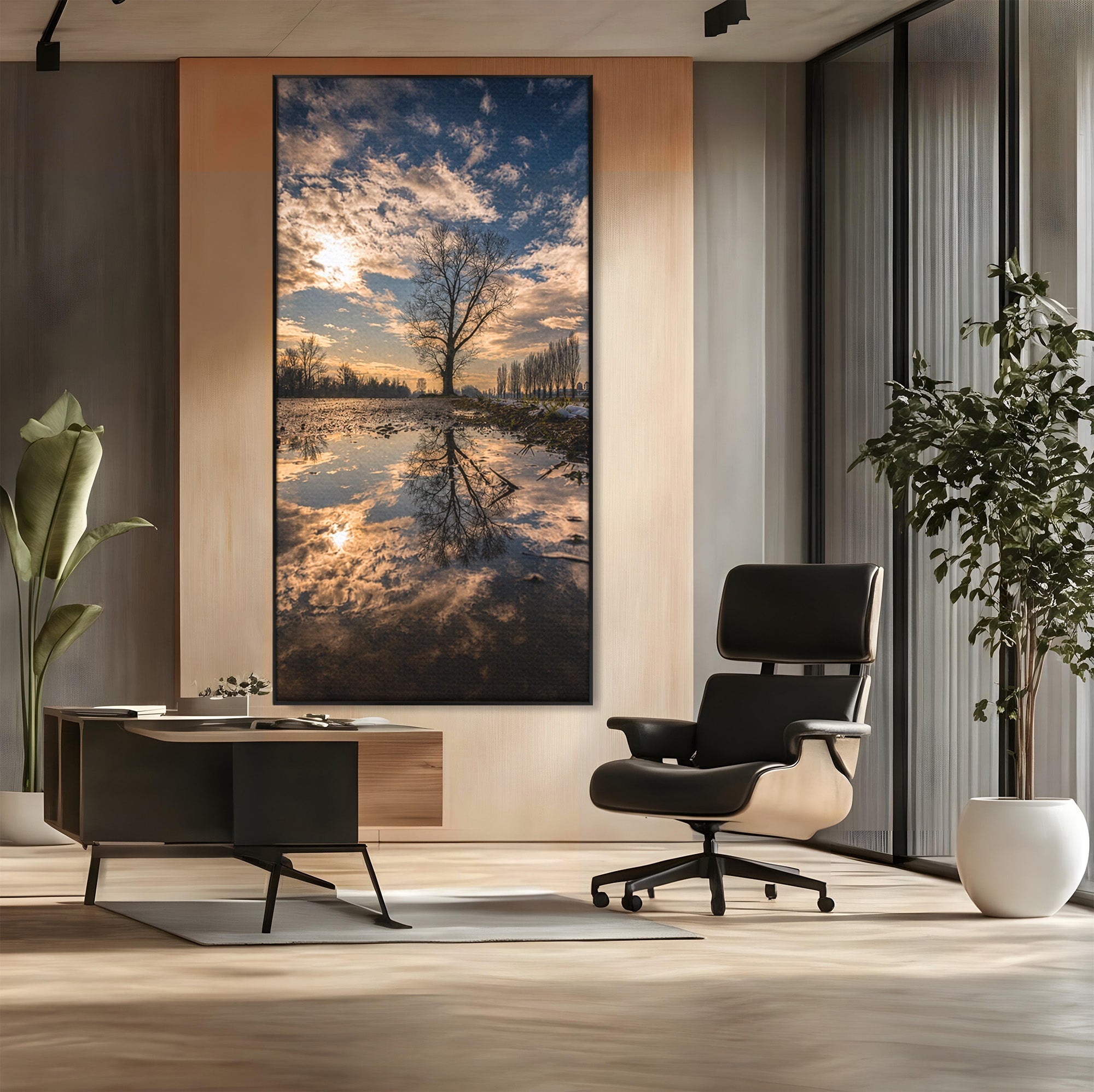 Tablou Canvas Premium LuxCanva® A1750, Reflexii In Apus, Apus, Reflexii, Peisaj, Copac, Living, Natura, Culori Vibrante
