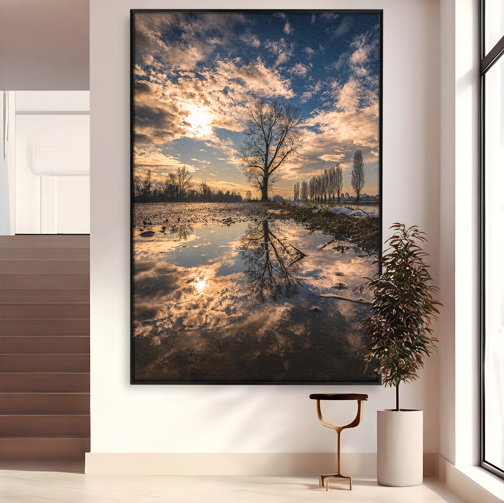 Tablou Canvas Premium LuxCanva® A1750, Reflexii In Apus, Apus, Reflexii, Peisaj, Copac, Living, Natura, Culori Vibrante