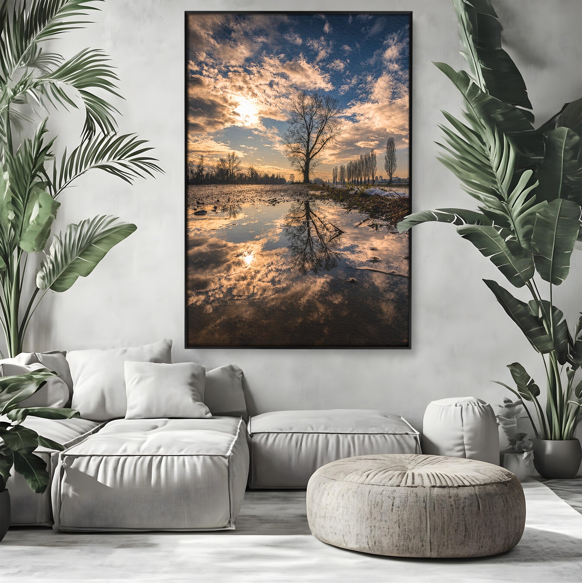 Tablou Canvas Premium LuxCanva® A1750, Reflexii In Apus, Apus, Reflexii, Peisaj, Copac, Living, Natura, Culori Vibrante