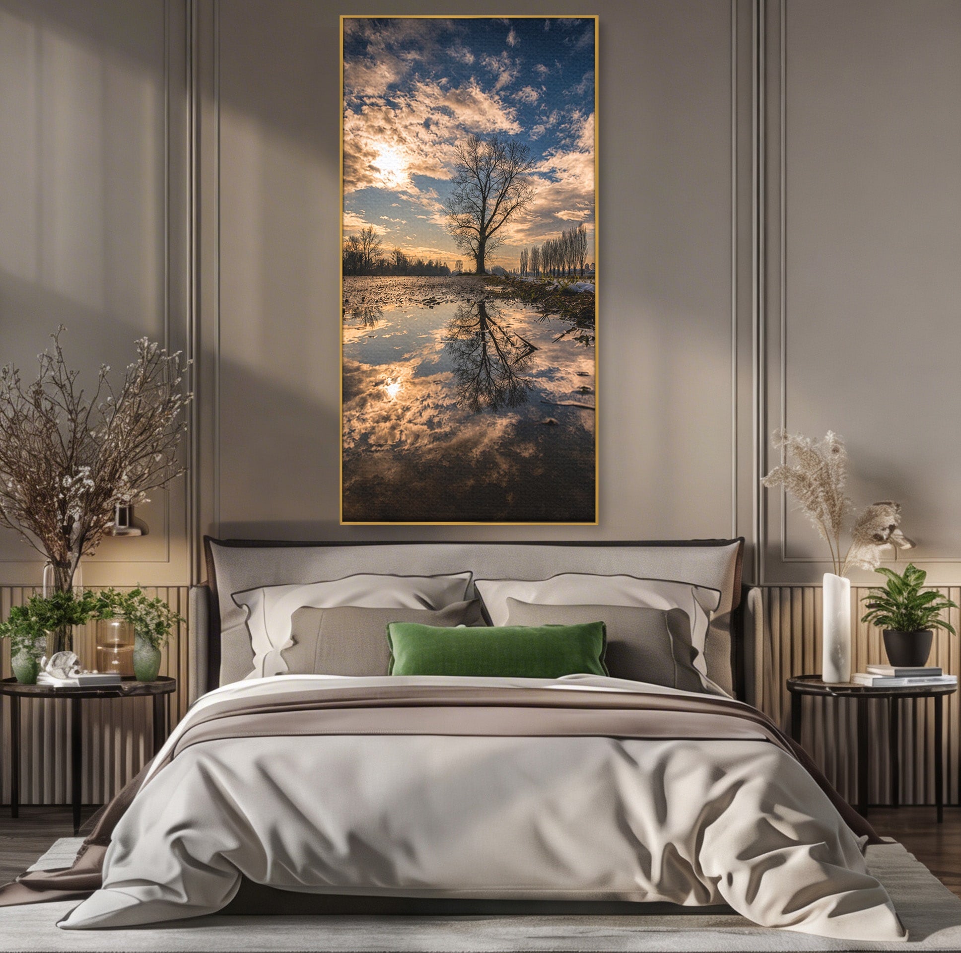 Tablou Canvas Premium LuxCanva® A1750, Reflexii In Apus, Apus, Reflexii, Peisaj, Copac, Living, Natura, Culori Vibrante