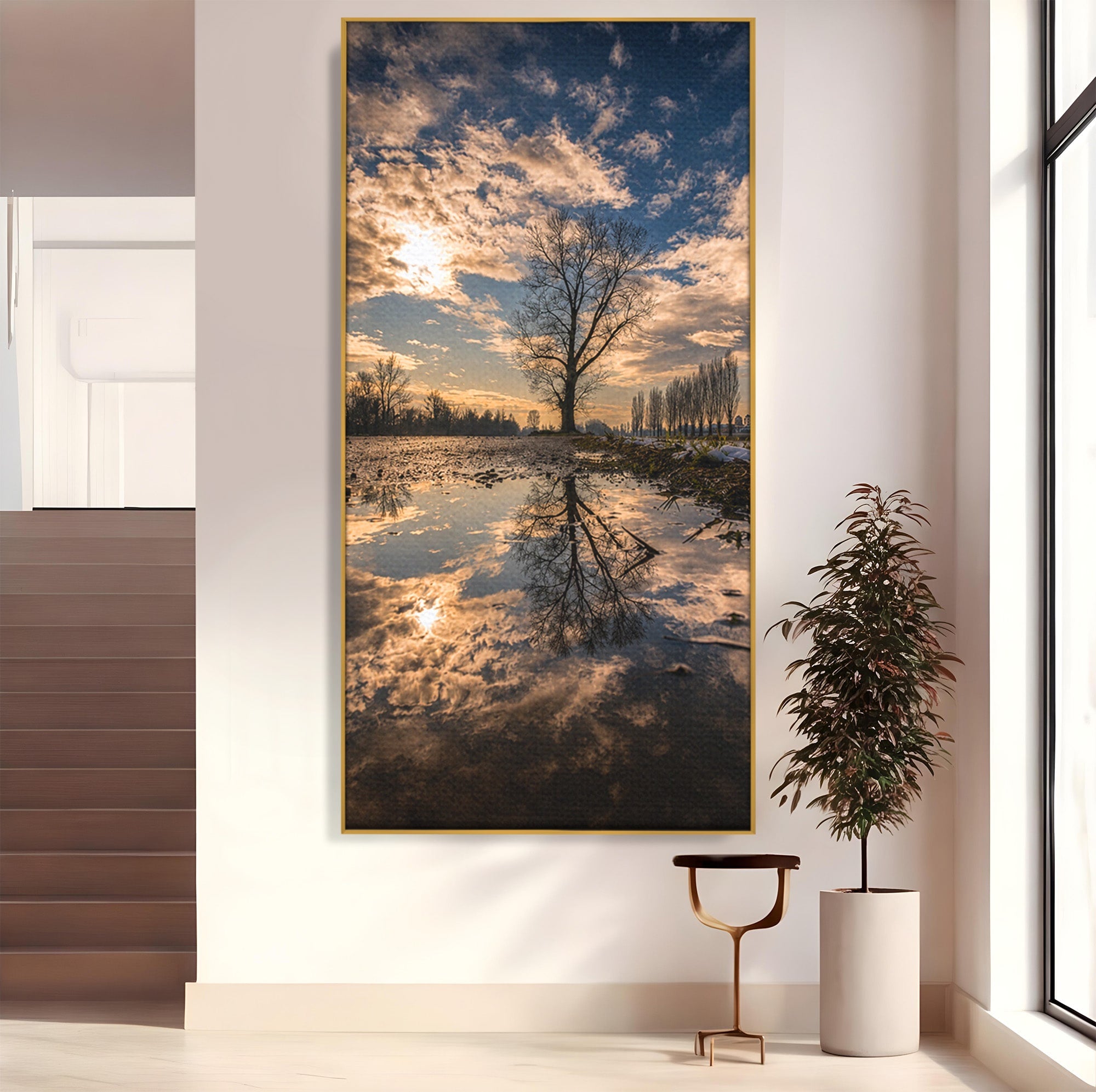 Tablou Canvas Premium LuxCanva® A1750, Reflexii In Apus, Apus, Reflexii, Peisaj, Copac, Living, Natura, Culori Vibrante