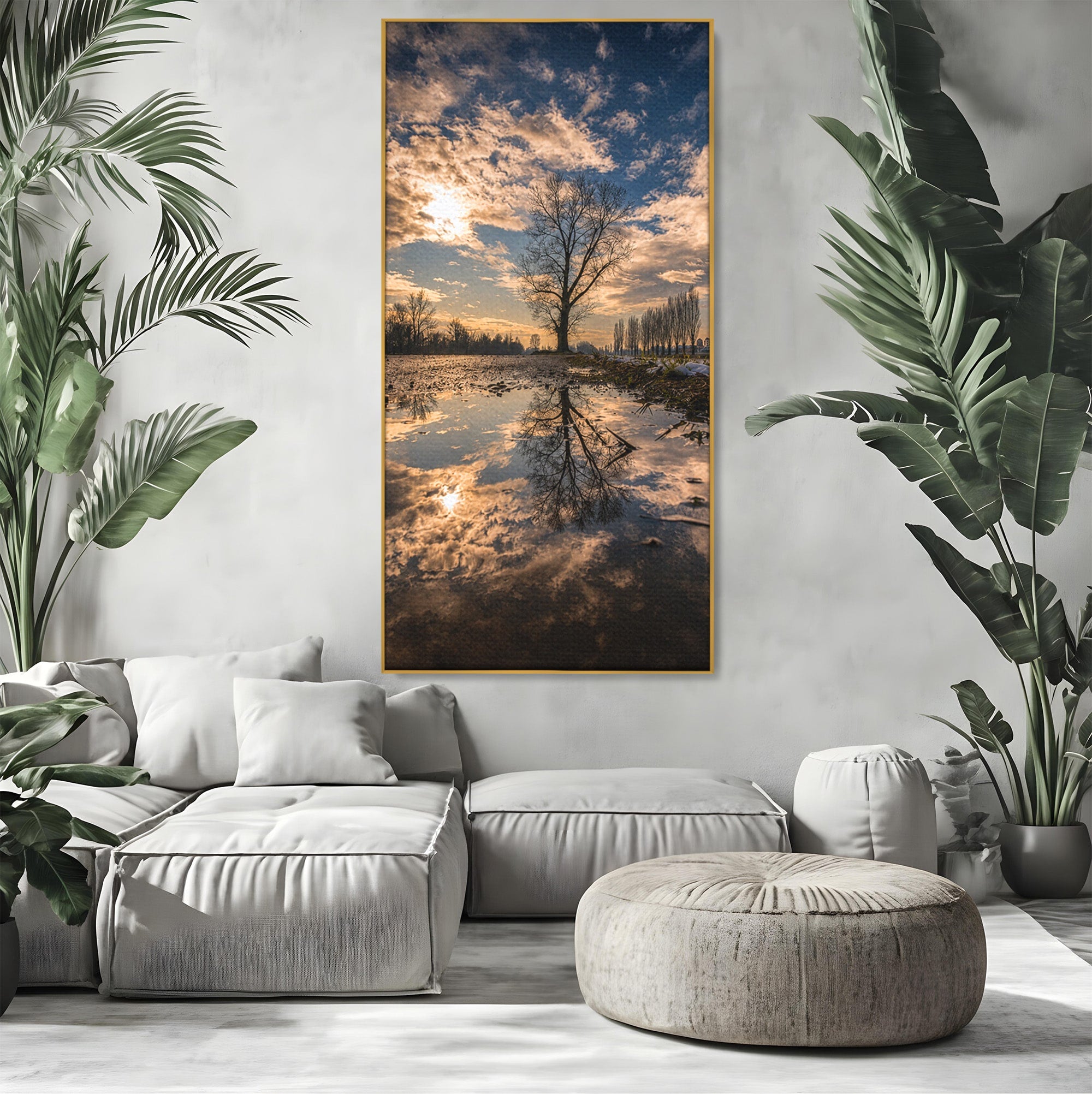 Tablou Canvas Premium LuxCanva® A1750, Reflexii In Apus, Apus, Reflexii, Peisaj, Copac, Living, Natura, Culori Vibrante