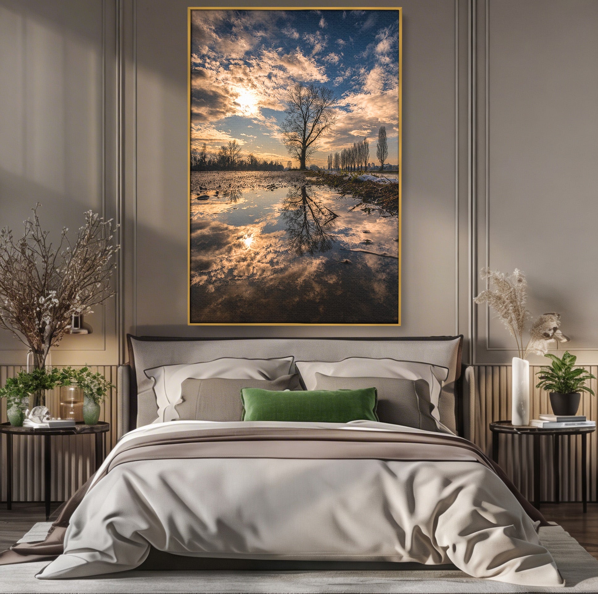 Tablou Canvas Premium LuxCanva® A1750, Reflexii In Apus, Apus, Reflexii, Peisaj, Copac, Living, Natura, Culori Vibrante