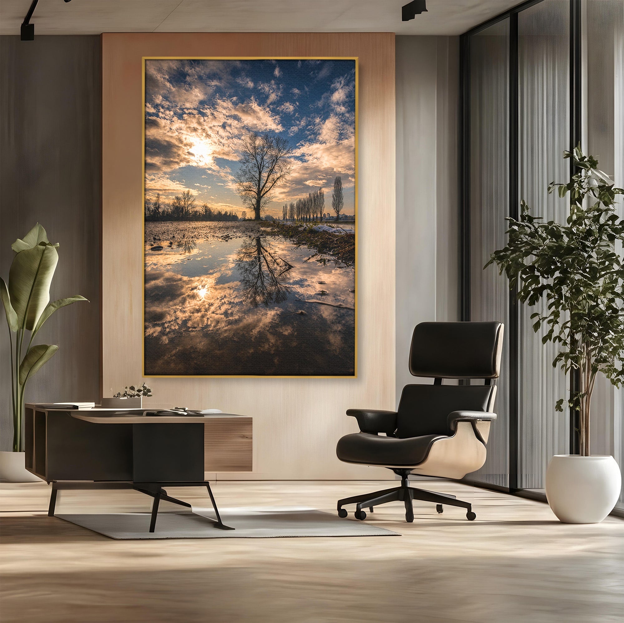 Tablou Canvas Premium LuxCanva® A1750, Reflexii In Apus, Apus, Reflexii, Peisaj, Copac, Living, Natura, Culori Vibrante