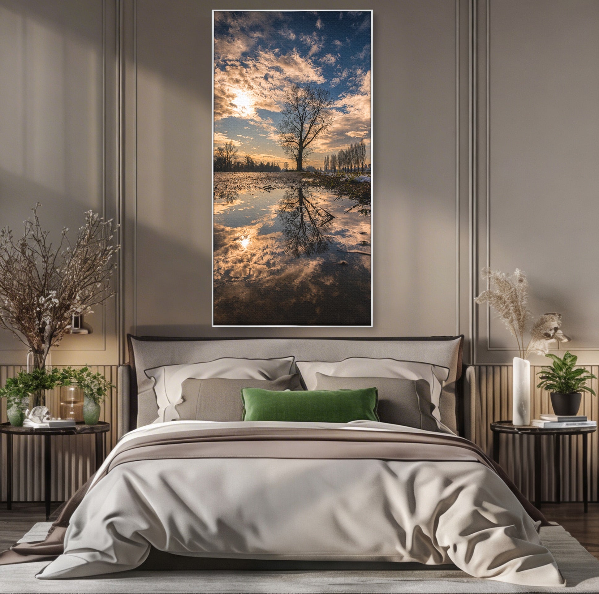 Tablou Canvas Premium LuxCanva® A1750, Reflexii In Apus, Apus, Reflexii, Peisaj, Copac, Living, Natura, Culori Vibrante