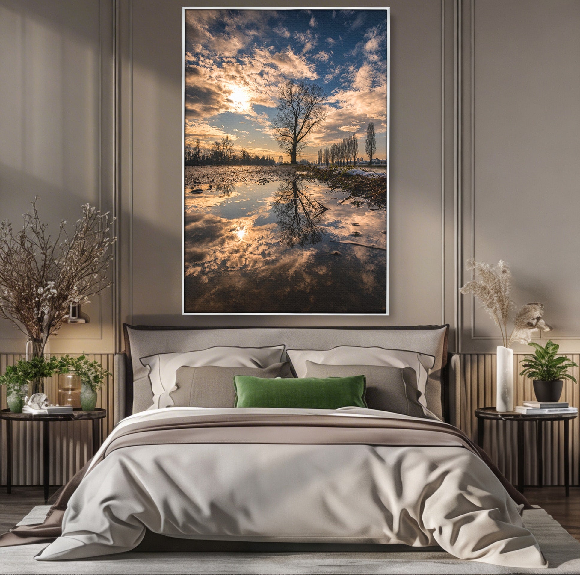 Tablou Canvas Premium LuxCanva® A1750, Reflexii In Apus, Apus, Reflexii, Peisaj, Copac, Living, Natura, Culori Vibrante