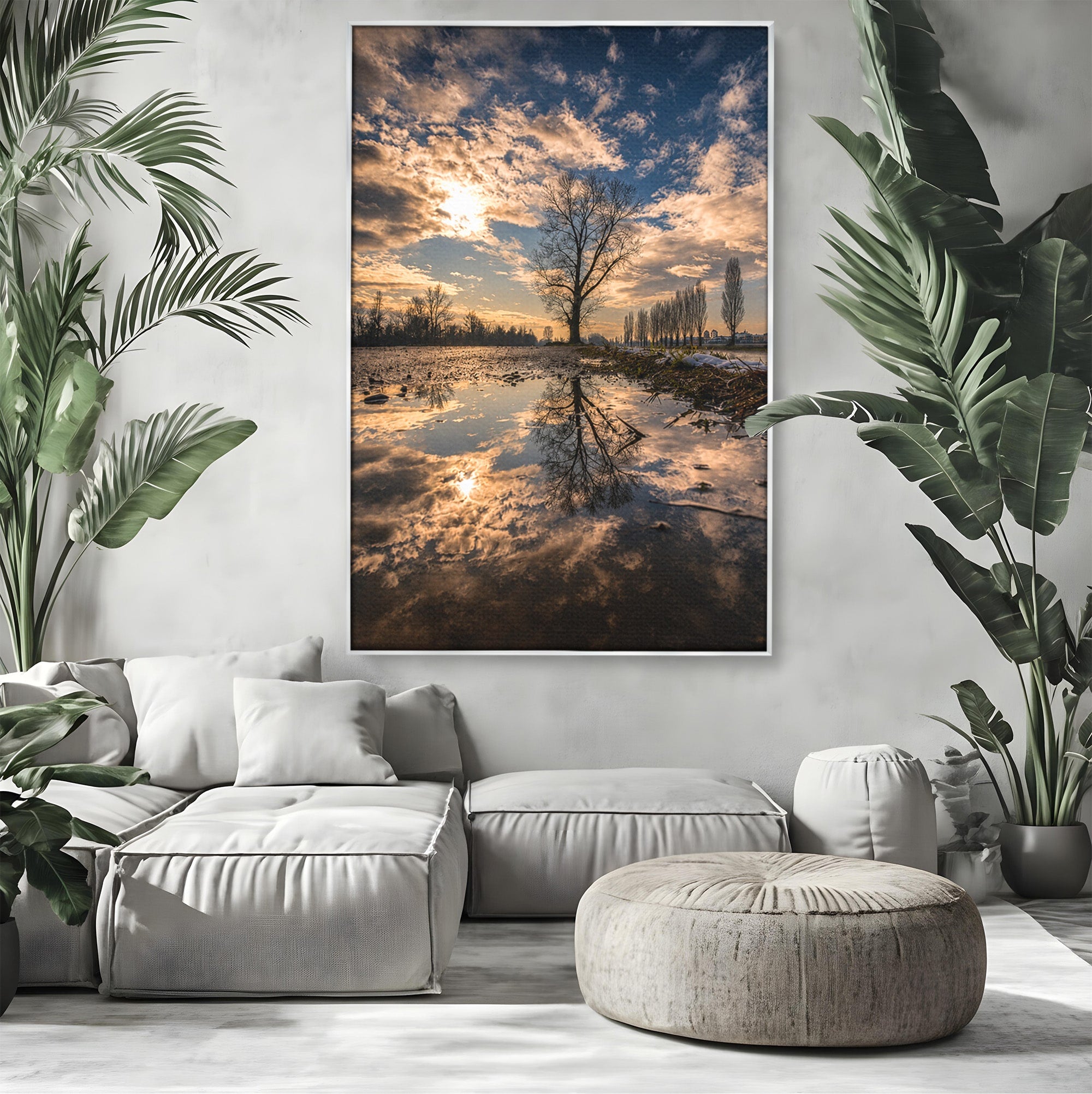 Tablou Canvas Premium LuxCanva® A1750, Reflexii In Apus, Apus, Reflexii, Peisaj, Copac, Living, Natura, Culori Vibrante