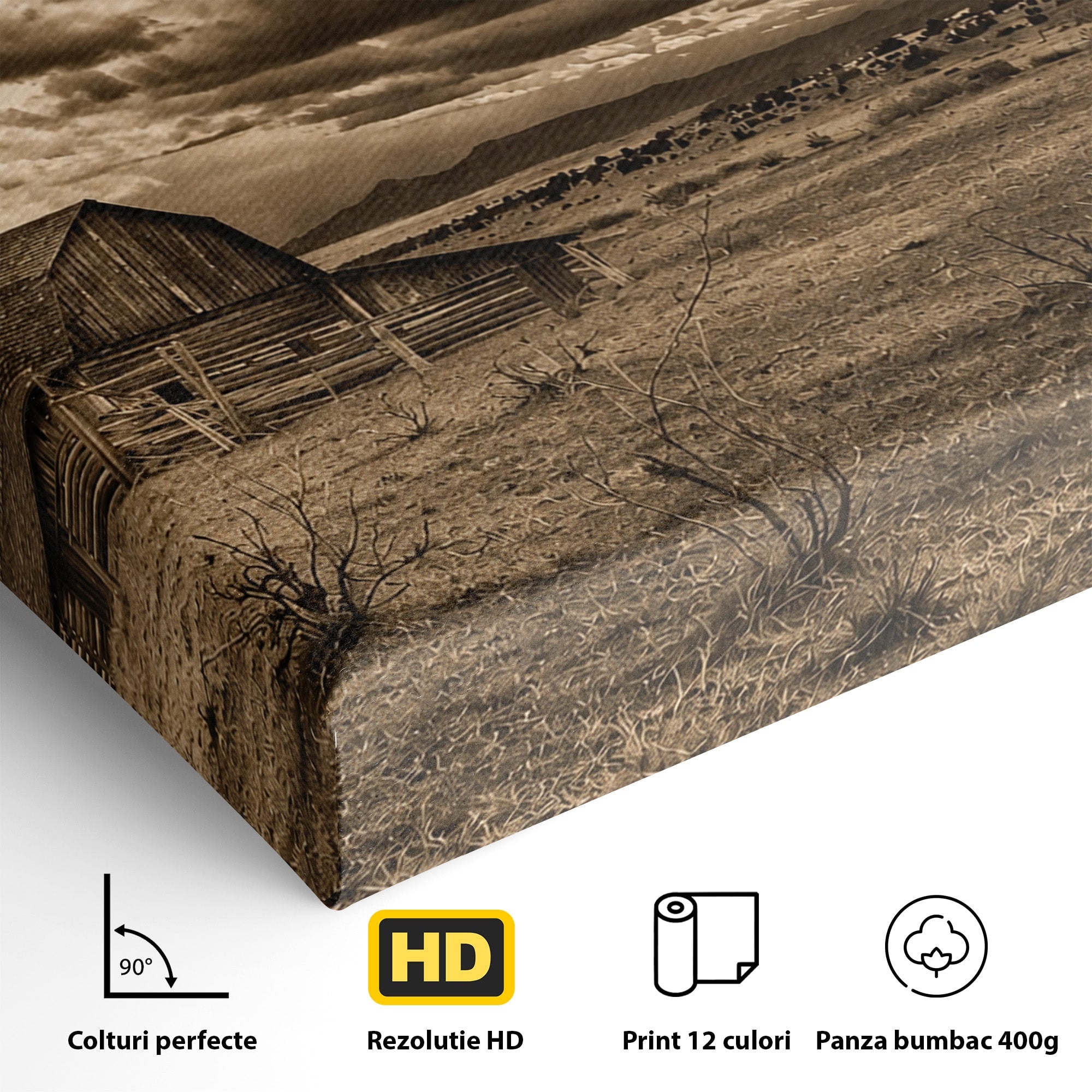 Tablou Canvas Premium LuxCanva® A1751, Peisaj Rustic Cu Hambar, Peisaj, Hambar, Natura, Cer, Living, Dormitor, Culori Vibrante