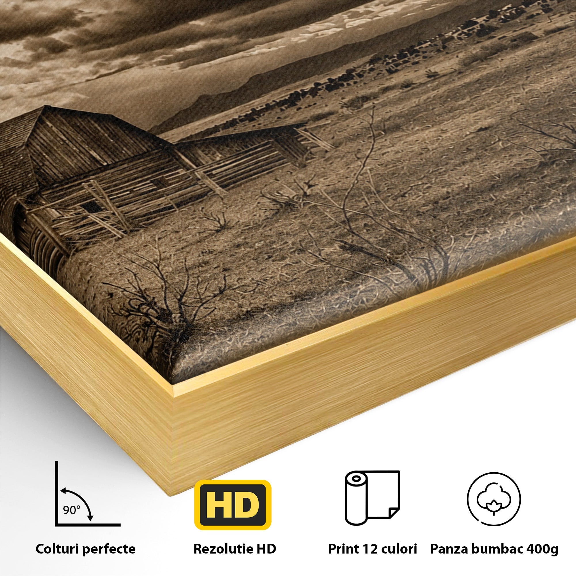 Tablou Canvas Premium LuxCanva® A1751, Peisaj Rustic Cu Hambar, Peisaj, Hambar, Natura, Cer, Living, Dormitor, Culori Vibrante