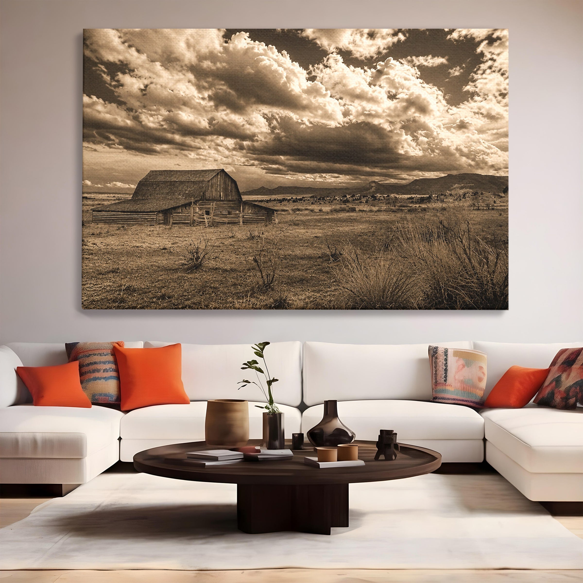 Tablou Canvas Premium LuxCanva® A1751, Peisaj Rustic Cu Hambar, Peisaj, Hambar, Natura, Cer, Living, Dormitor, Culori Vibrante