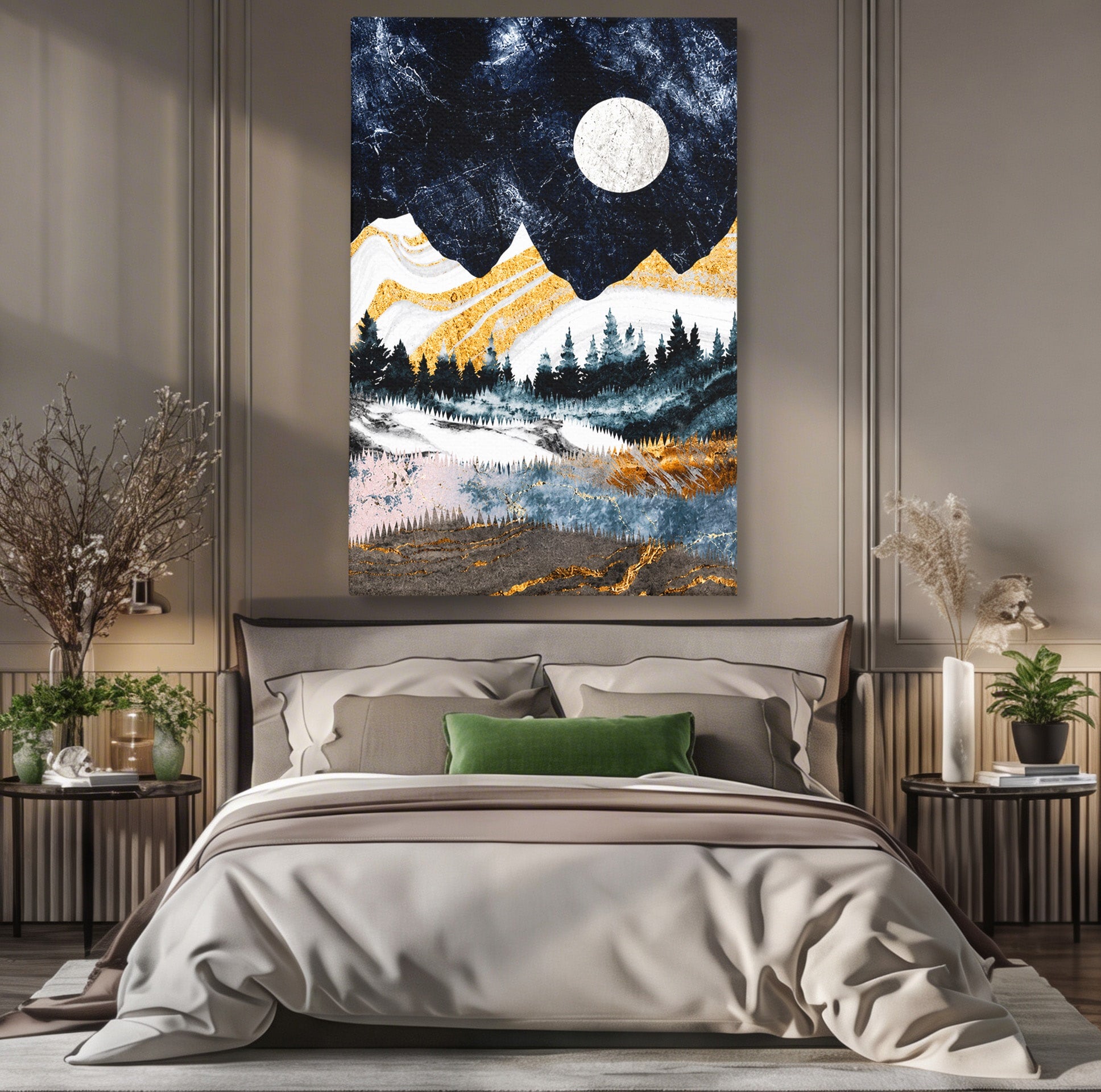 Tablou Canvas Premium LuxCanva® A1752, Peisaj Montan Nocturn, Peisaj, Munti, Luna, Noapte, Natura, Living, Dormitor, Culori Vibrante