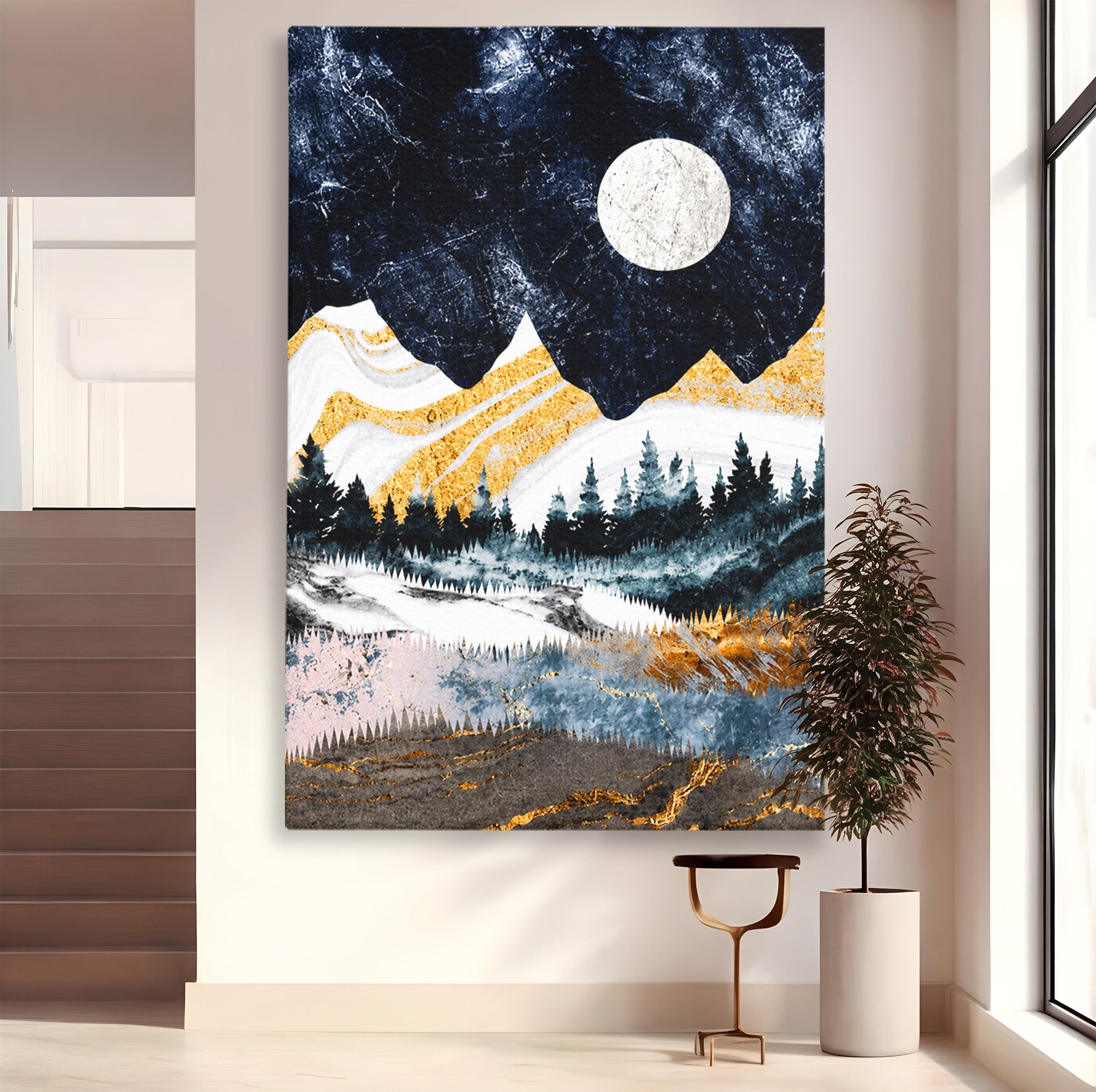 Tablou Canvas Premium LuxCanva® A1752, Peisaj Montan Nocturn, Peisaj, Munti, Luna, Noapte, Natura, Living, Dormitor, Culori Vibrante