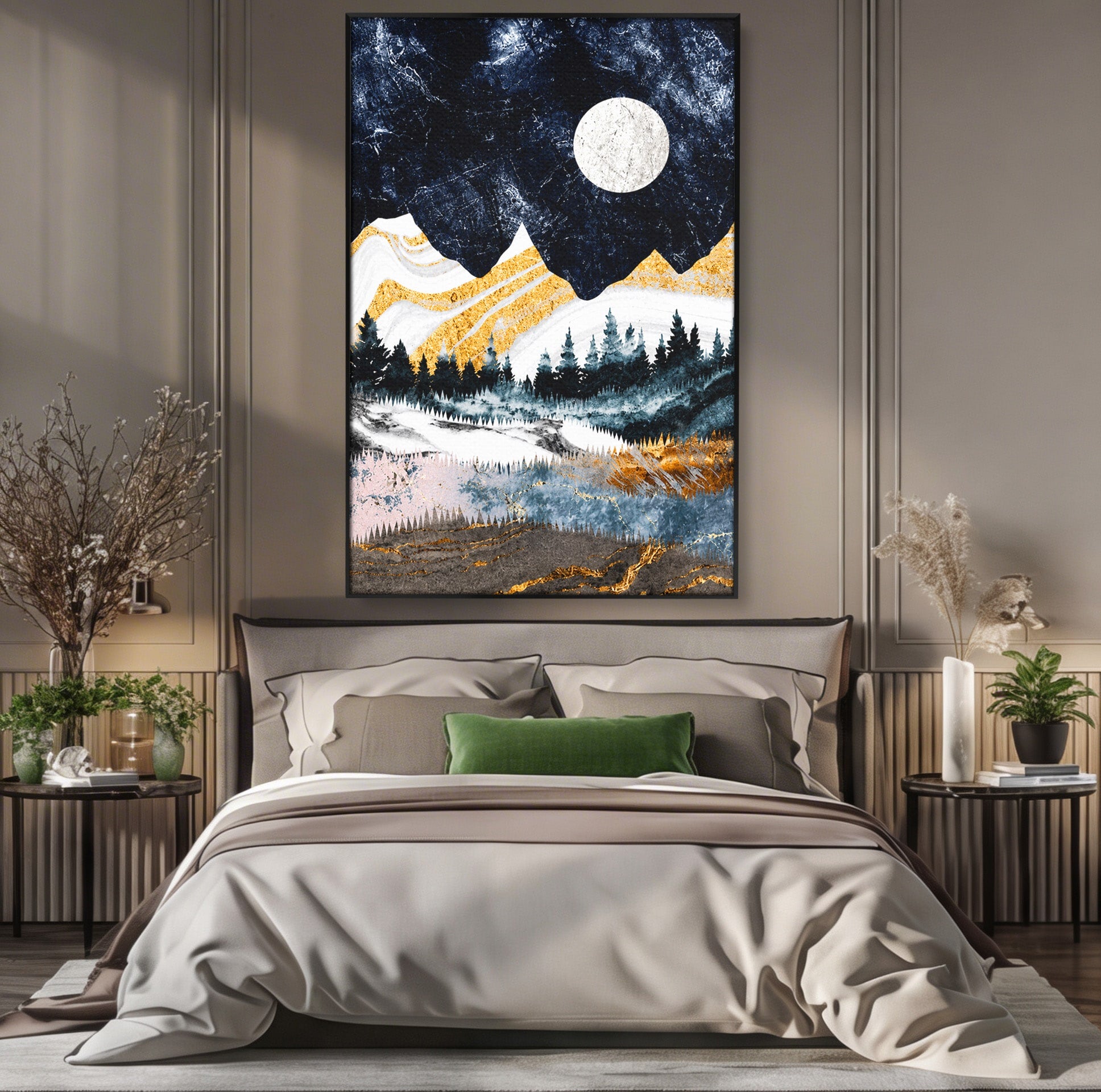 Tablou Canvas Premium LuxCanva® A1752, Peisaj Montan Nocturn, Peisaj, Munti, Luna, Noapte, Natura, Living, Dormitor, Culori Vibrante