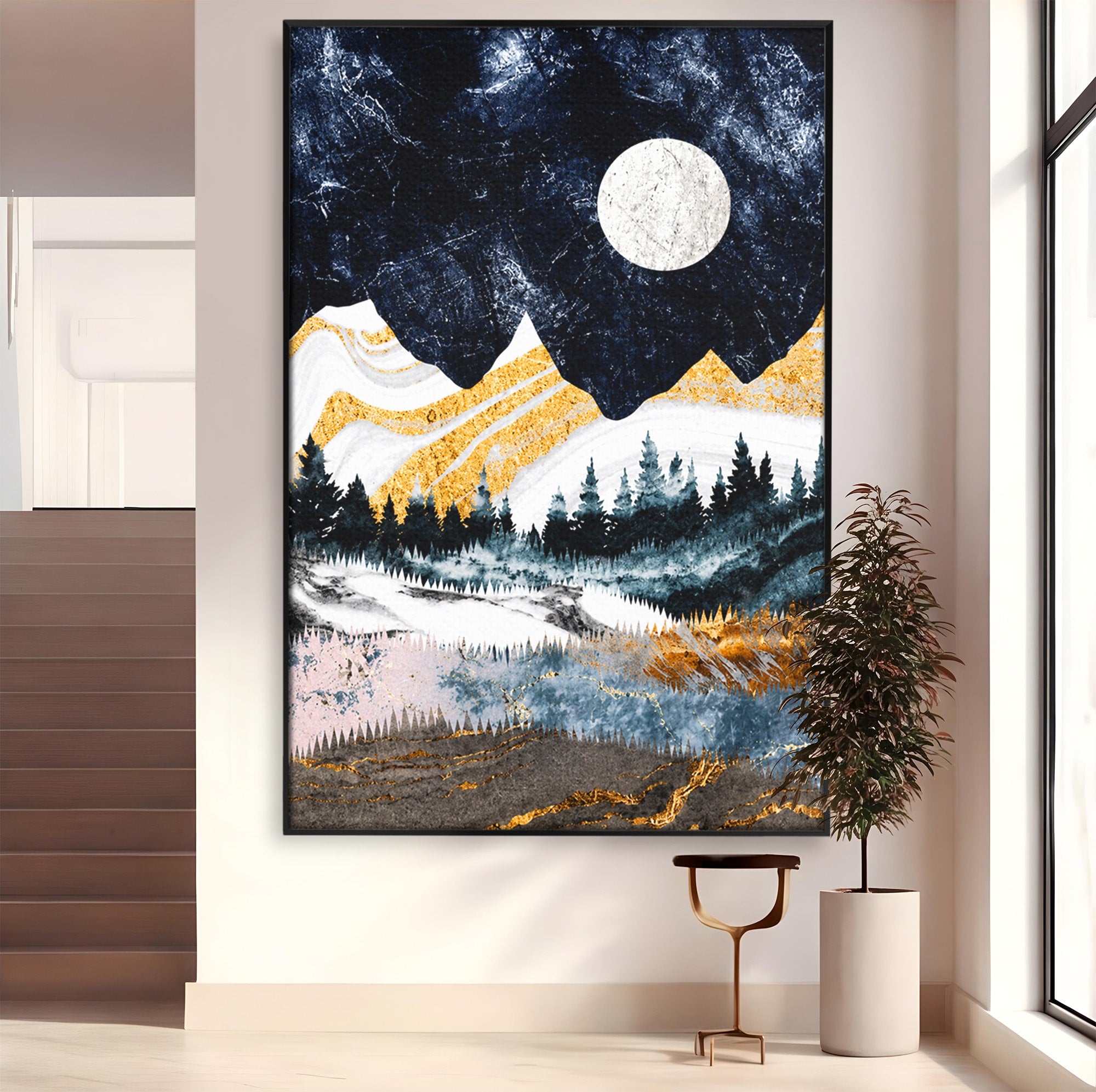 Tablou Canvas Premium LuxCanva® A1752, Peisaj Montan Nocturn, Peisaj, Munti, Luna, Noapte, Natura, Living, Dormitor, Culori Vibrante