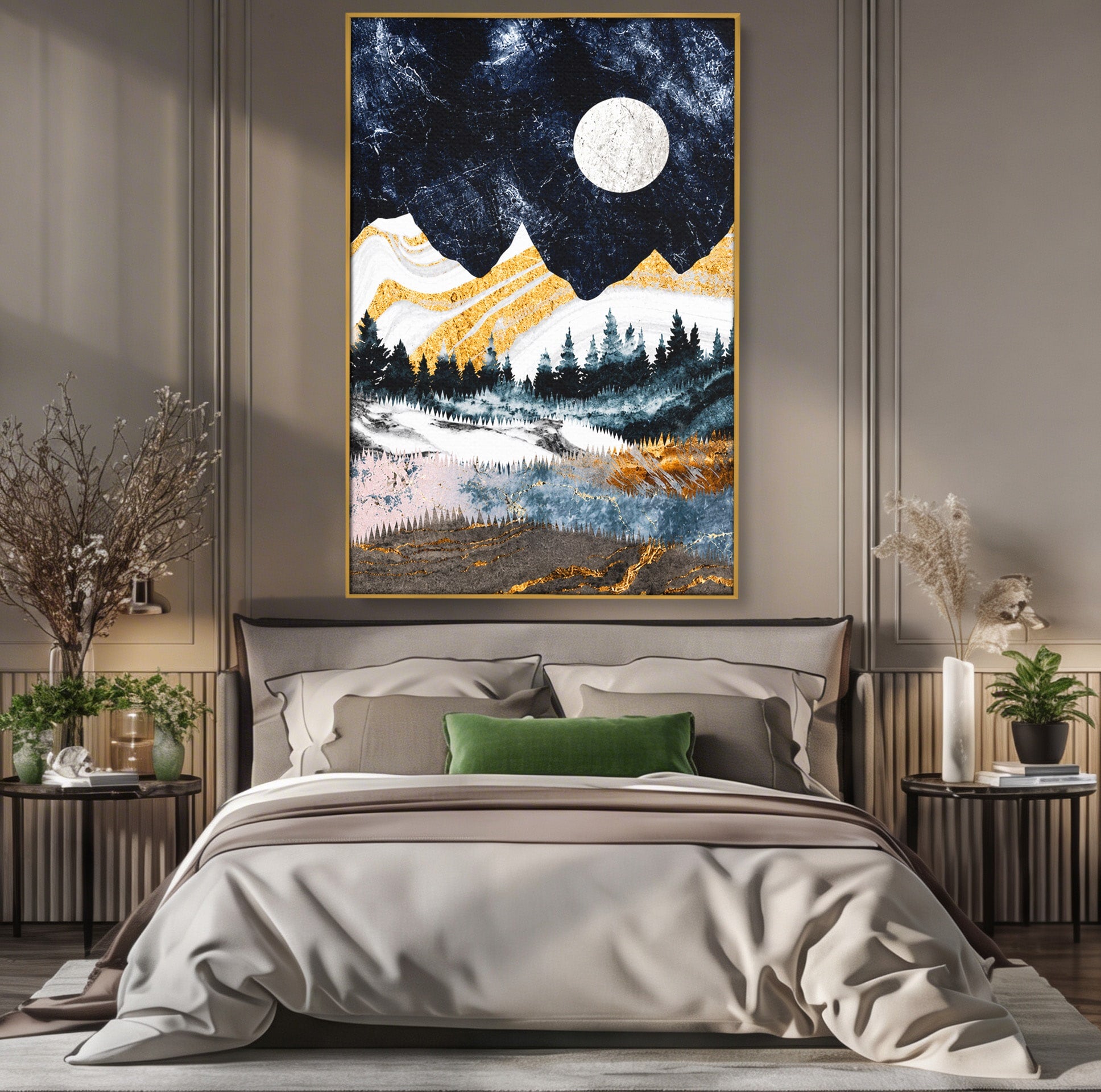 Tablou Canvas Premium LuxCanva® A1752, Peisaj Montan Nocturn, Peisaj, Munti, Luna, Noapte, Natura, Living, Dormitor, Culori Vibrante