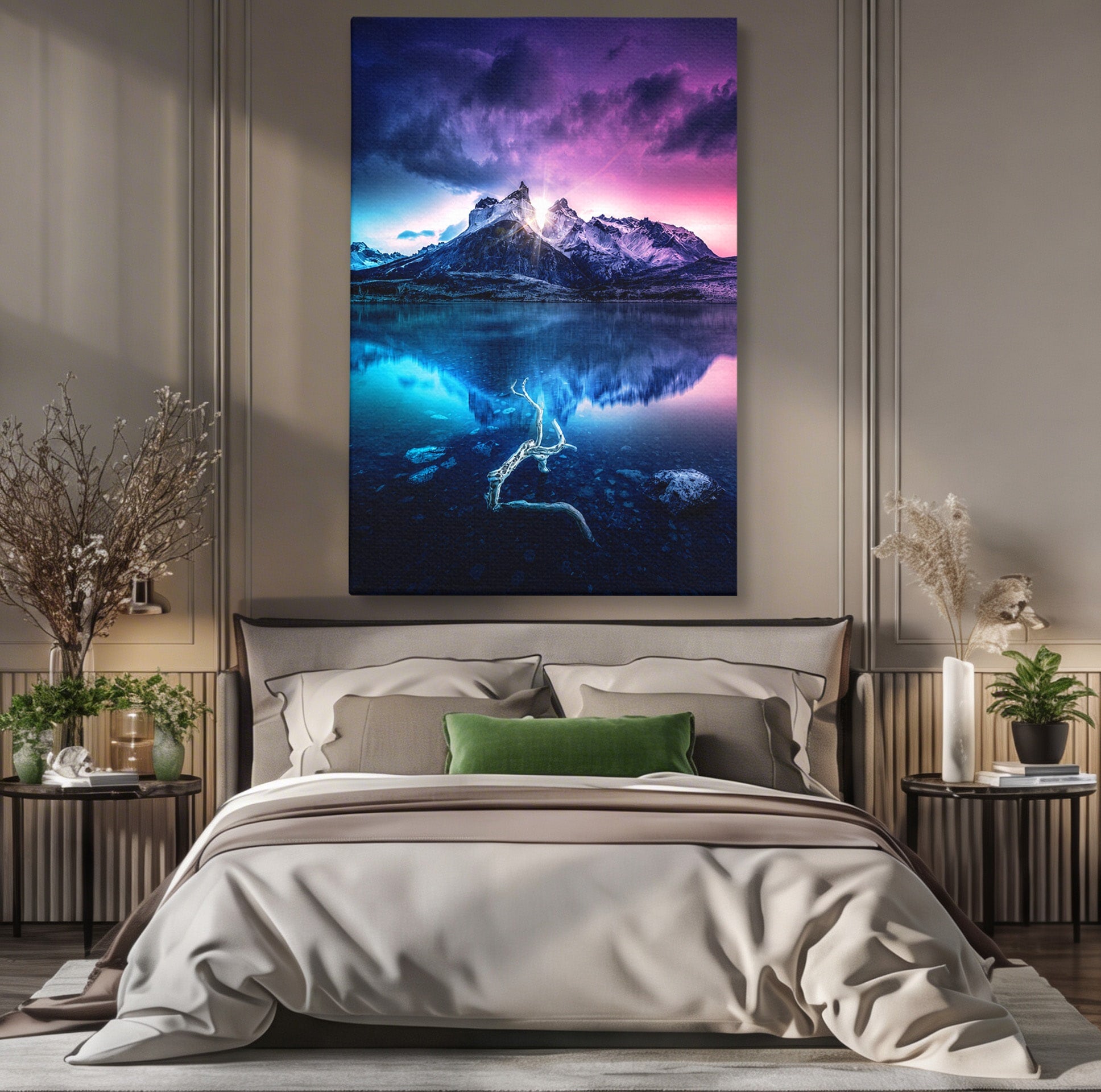 Tablou Canvas Premium LuxCanva® A1754, Munti Reflectati In Lac, Munti, Lac, Peisaj, Apus, Living, Culori Vibrante