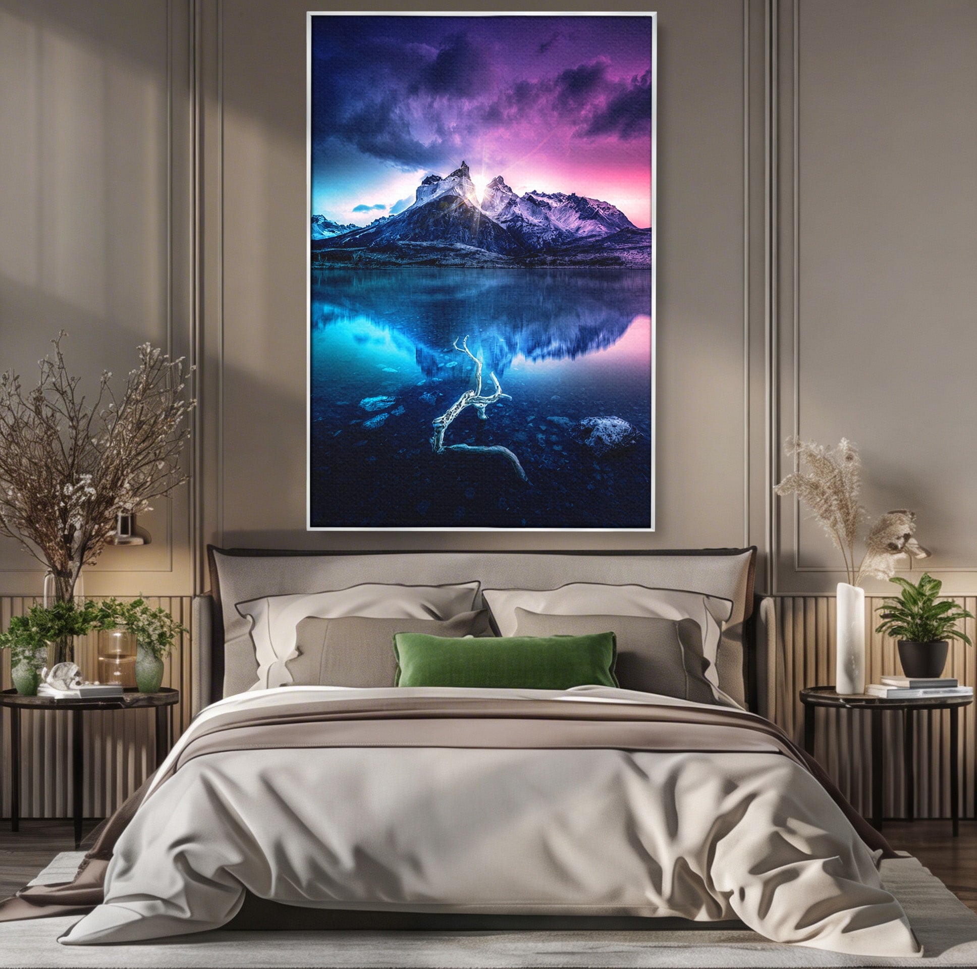 Tablou Canvas Premium LuxCanva® A1754, Munti Reflectati In Lac, Munti, Lac, Peisaj, Apus, Living, Culori Vibrante
