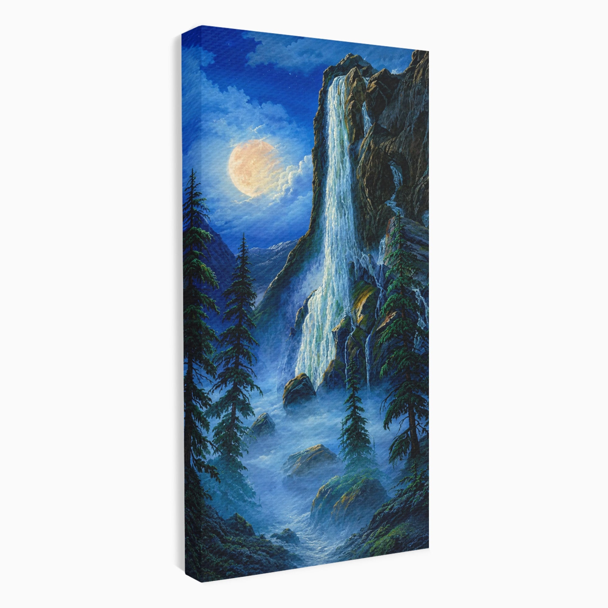 Tablou Canvas Premium LuxCanva® A1755, Cascada Sub Clar De Luna, Cascada, Luna, Peisaj, Natura, Munti, Living, Culori Vibrante