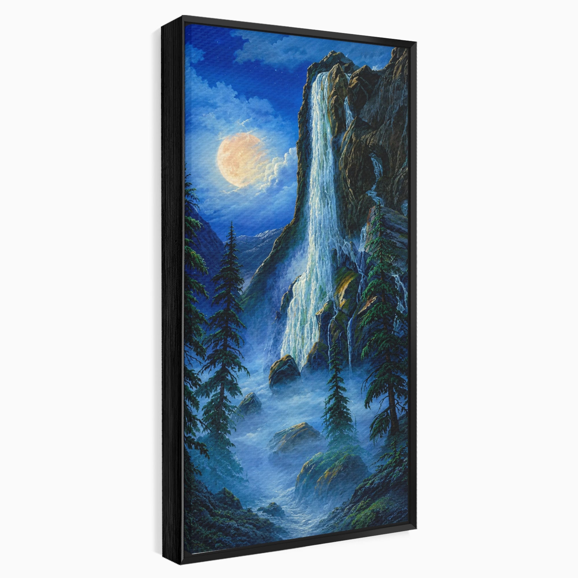 Tablou Canvas Premium LuxCanva® A1755, Cascada Sub Clar De Luna, Cascada, Luna, Peisaj, Natura, Munti, Living, Culori Vibrante
