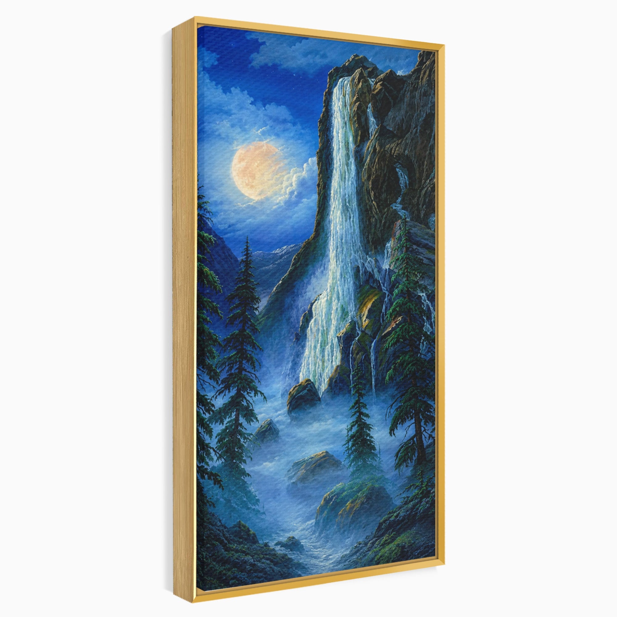 Tablou Canvas Premium LuxCanva® A1755, Cascada Sub Clar De Luna, Cascada, Luna, Peisaj, Natura, Munti, Living, Culori Vibrante