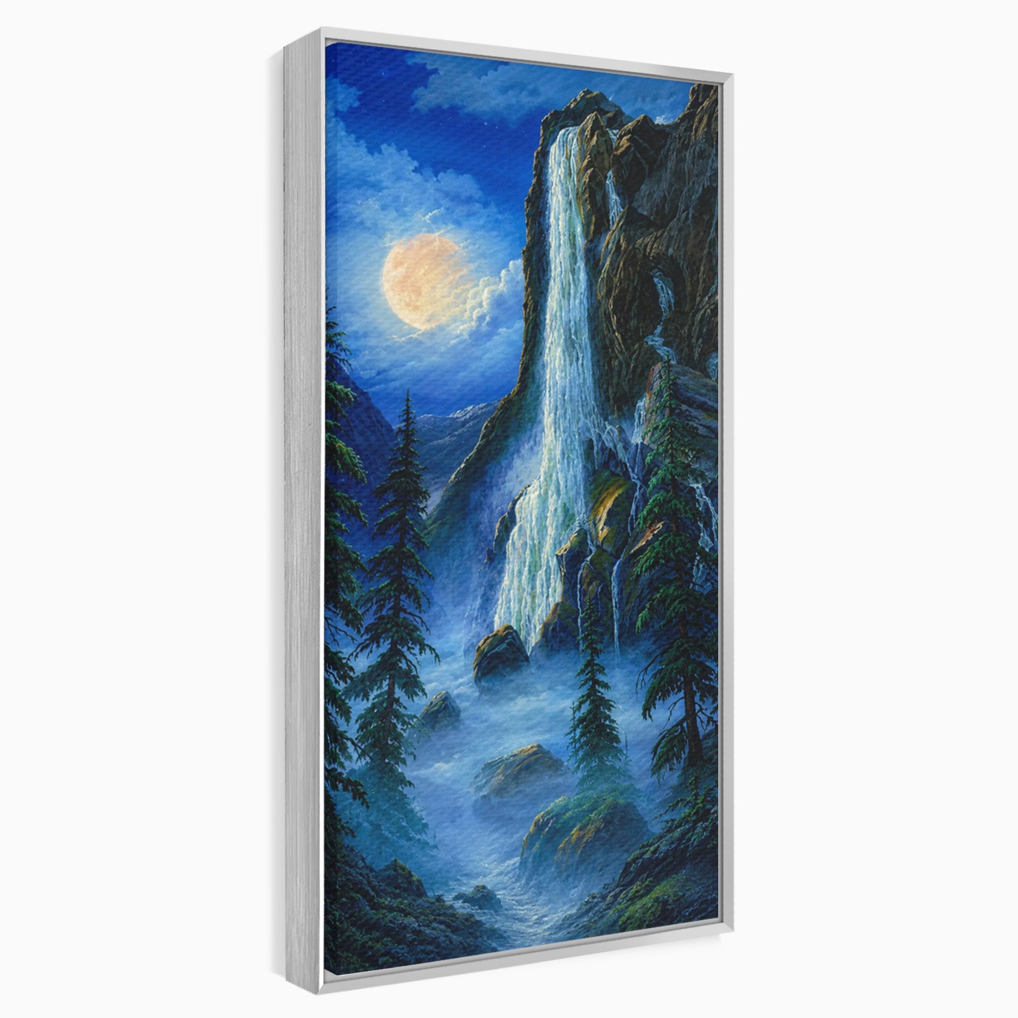 Tablou Canvas Premium LuxCanva® A1755, Cascada Sub Clar De Luna, Cascada, Luna, Peisaj, Natura, Munti, Living, Culori Vibrante