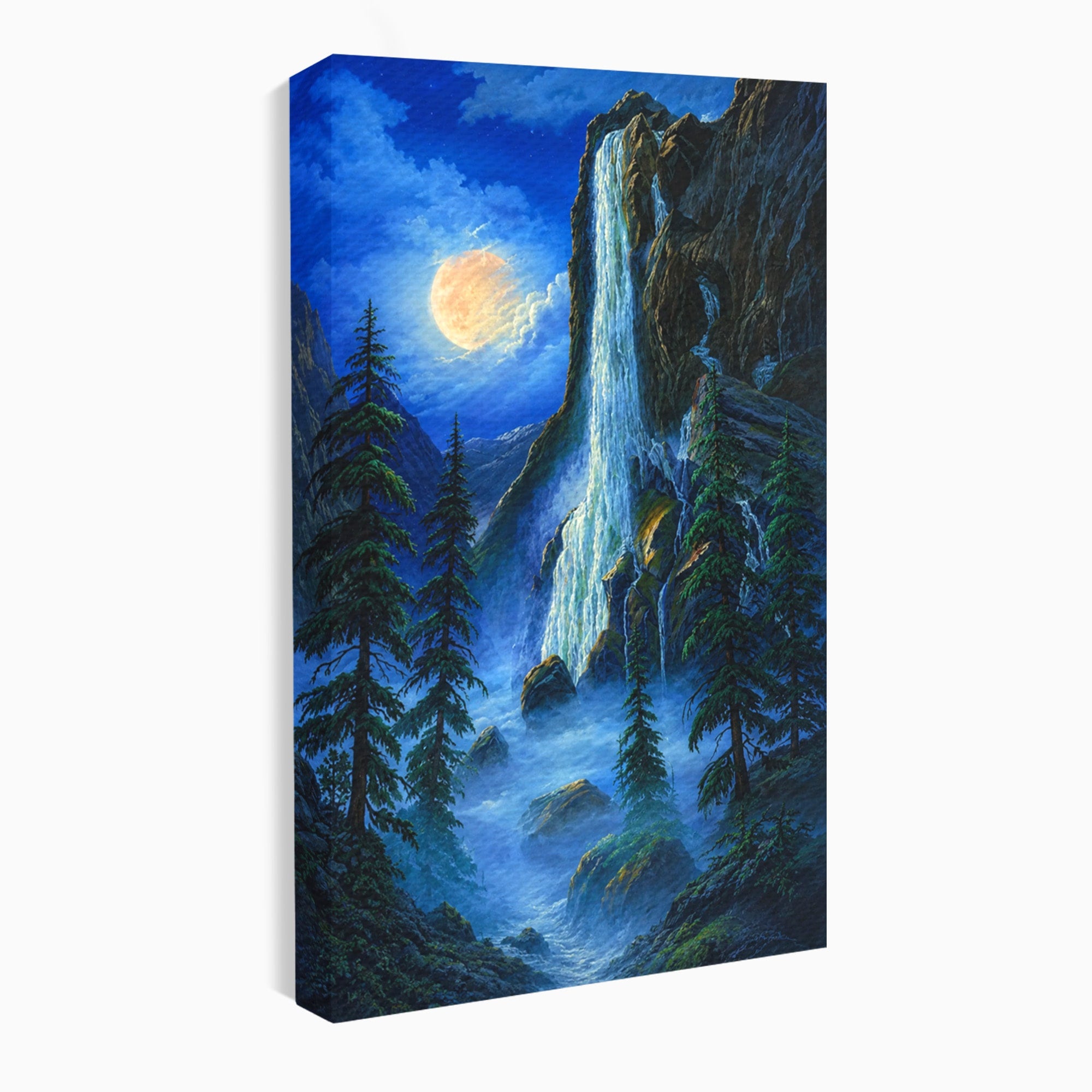 Tablou Canvas Premium LuxCanva® A1755, Cascada Sub Clar De Luna, Cascada, Luna, Peisaj, Natura, Munti, Living, Culori Vibrante