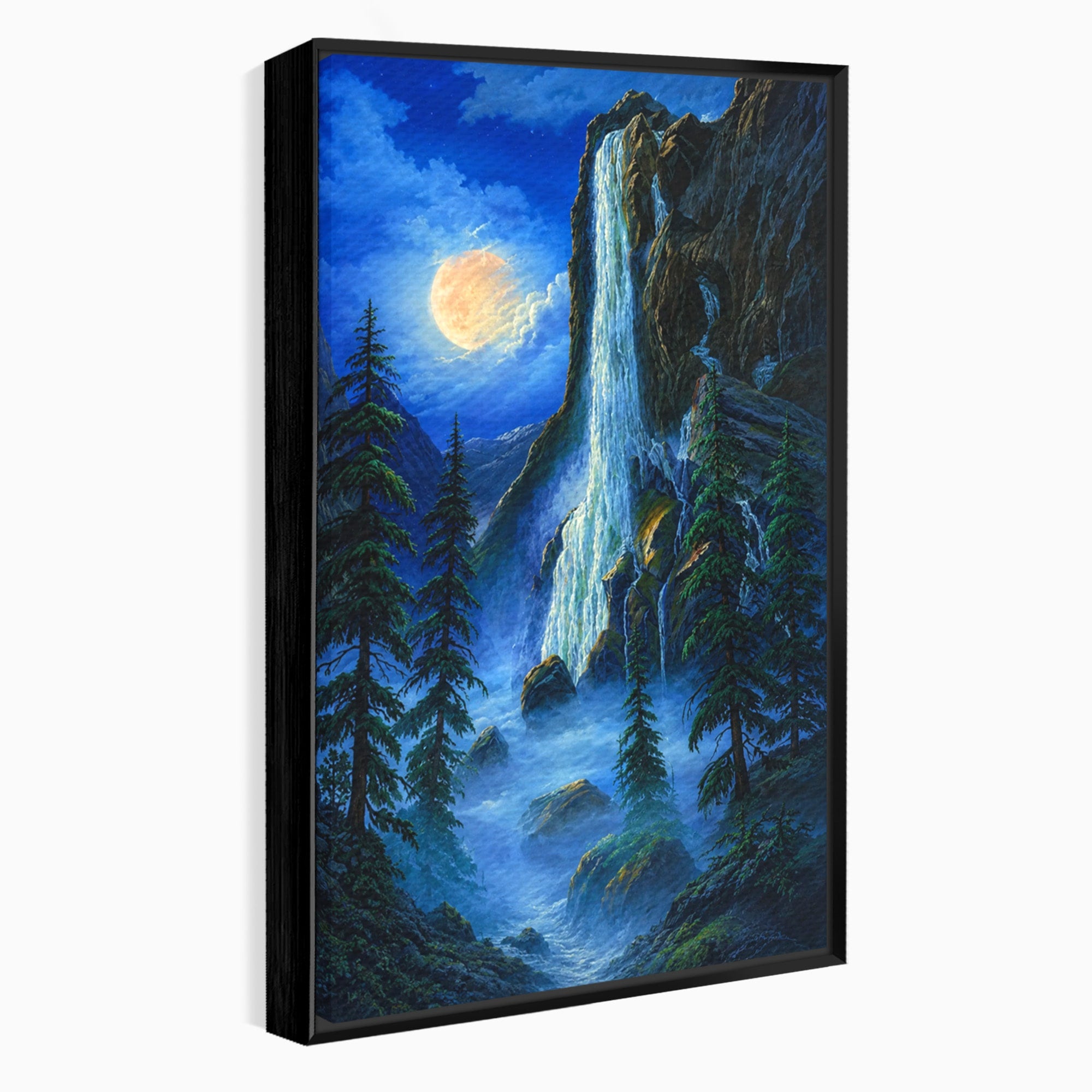 Tablou Canvas Premium LuxCanva® A1755, Cascada Sub Clar De Luna, Cascada, Luna, Peisaj, Natura, Munti, Living, Culori Vibrante