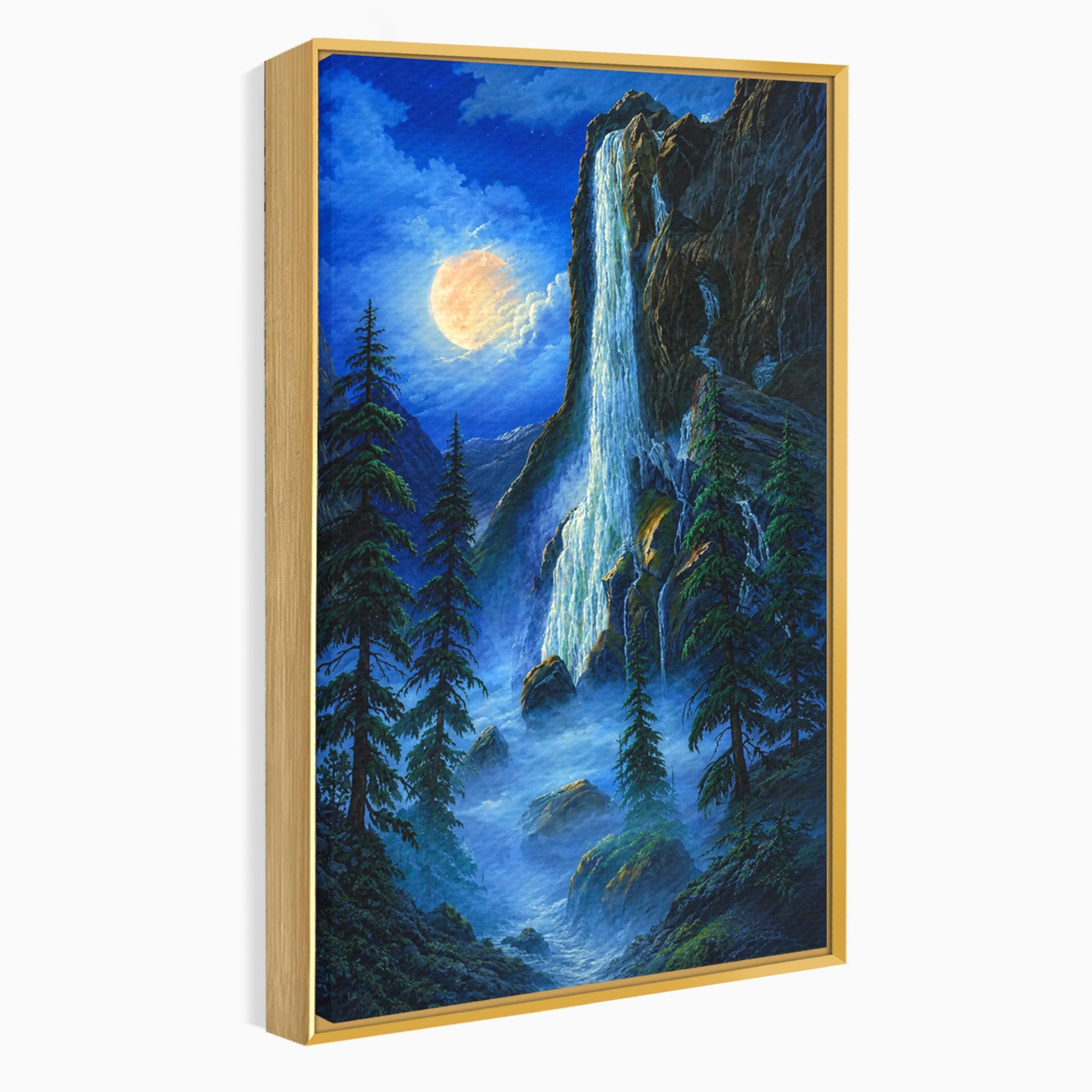 Tablou Canvas Premium LuxCanva® A1755, Cascada Sub Clar De Luna, Cascada, Luna, Peisaj, Natura, Munti, Living, Culori Vibrante