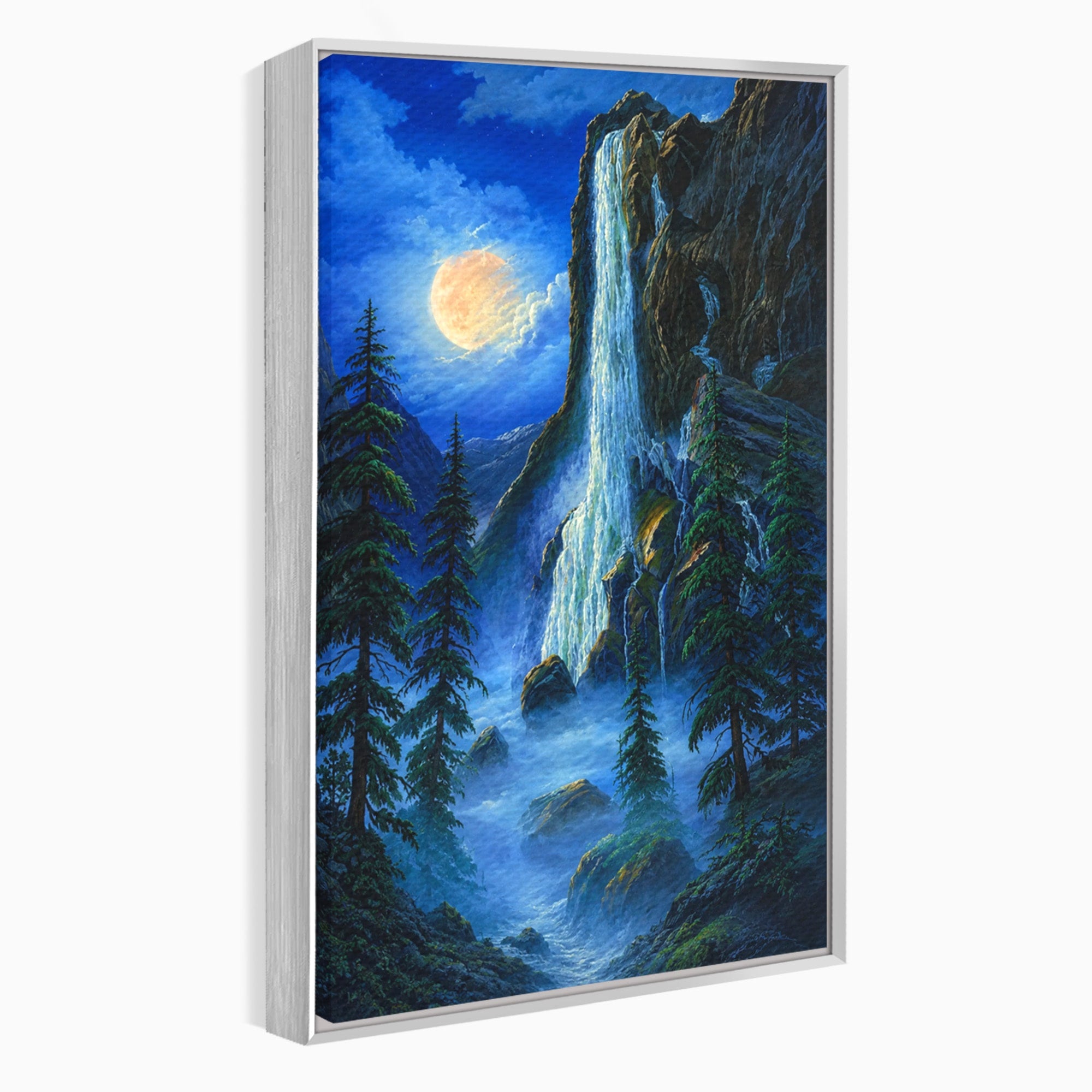 Tablou Canvas Premium LuxCanva® A1755, Cascada Sub Clar De Luna, Cascada, Luna, Peisaj, Natura, Munti, Living, Culori Vibrante