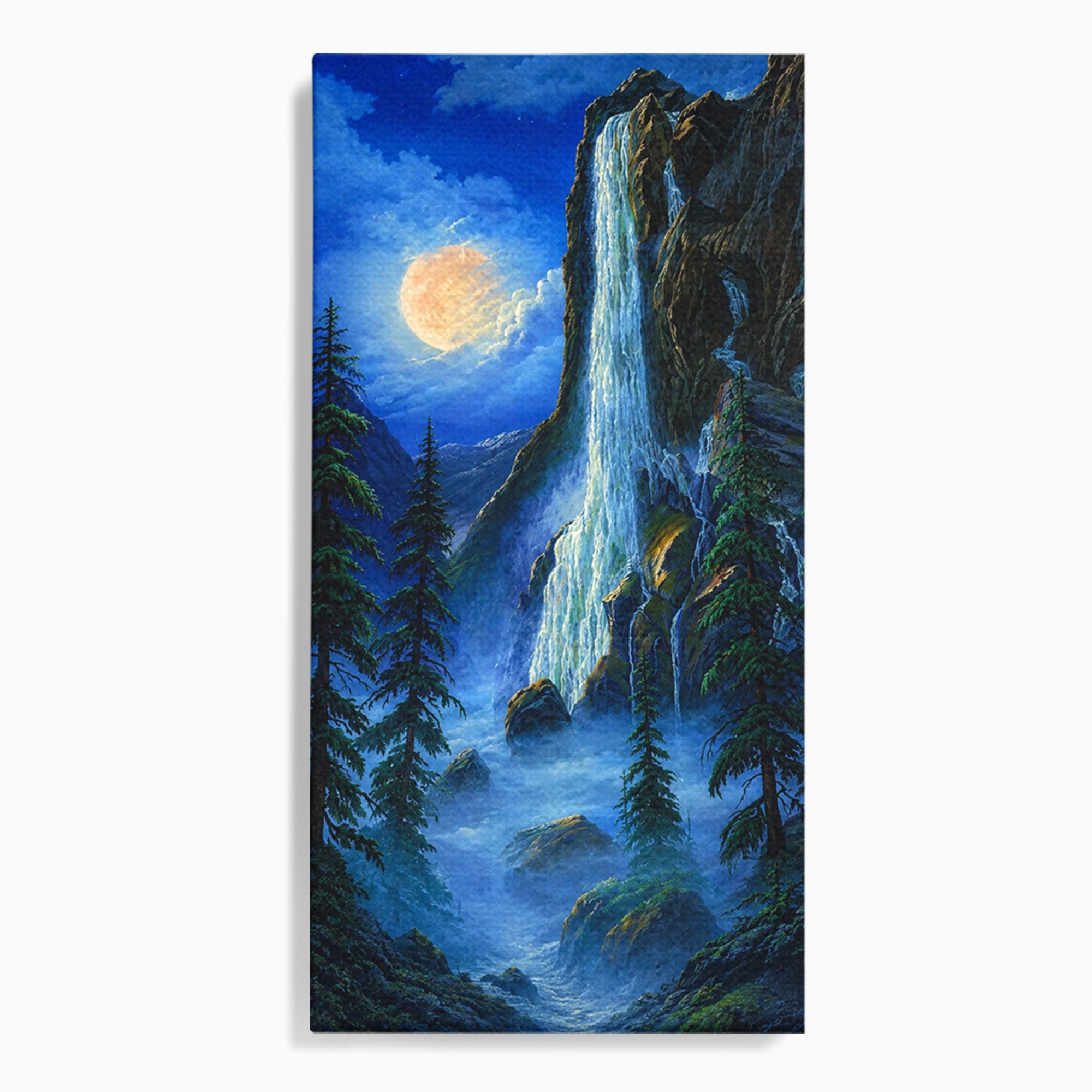 Tablou Canvas Premium LuxCanva® A1755, Cascada Sub Clar De Luna, Cascada, Luna, Peisaj, Natura, Munti, Living, Culori Vibrante