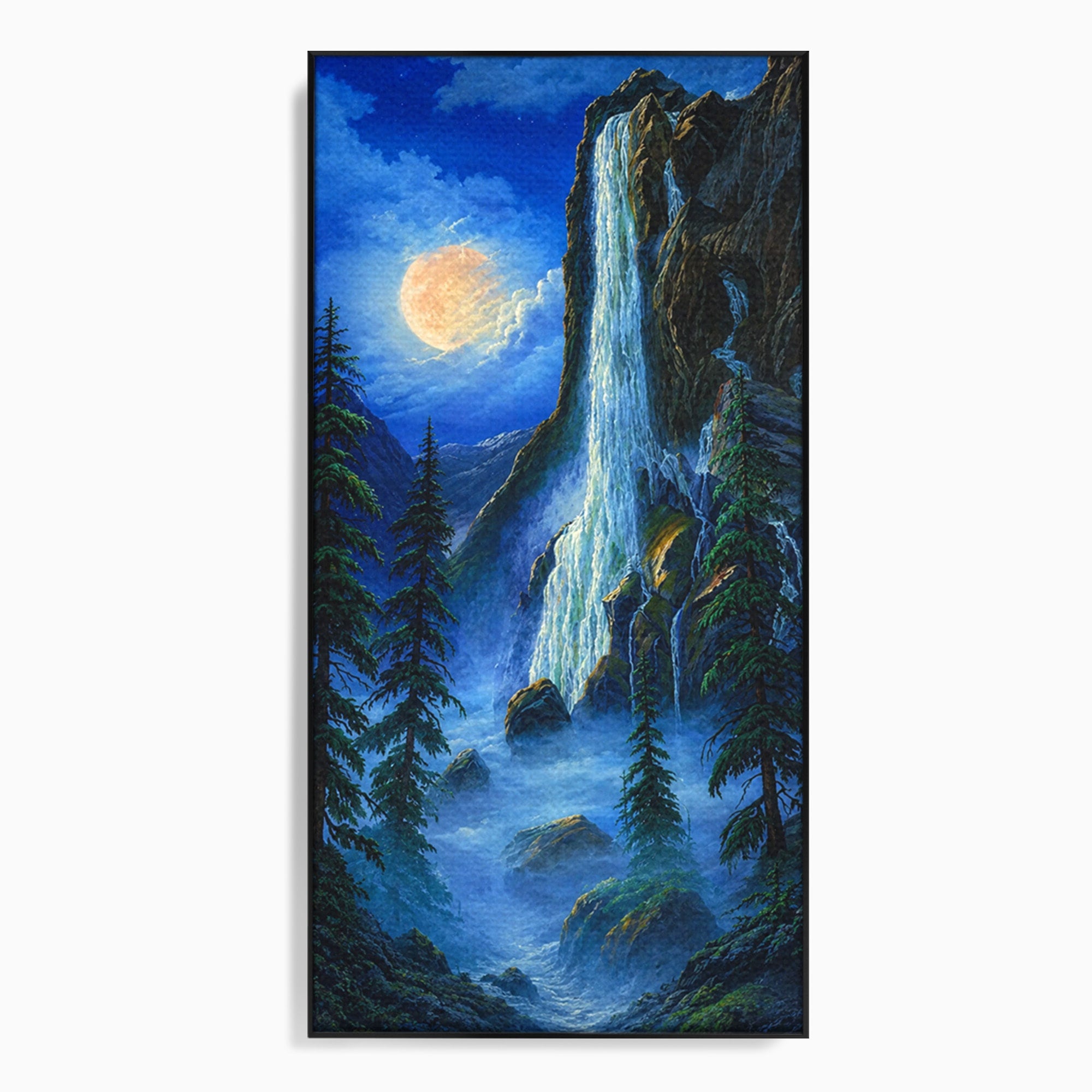 Tablou Canvas Premium LuxCanva® A1755, Cascada Sub Clar De Luna, Cascada, Luna, Peisaj, Natura, Munti, Living, Culori Vibrante