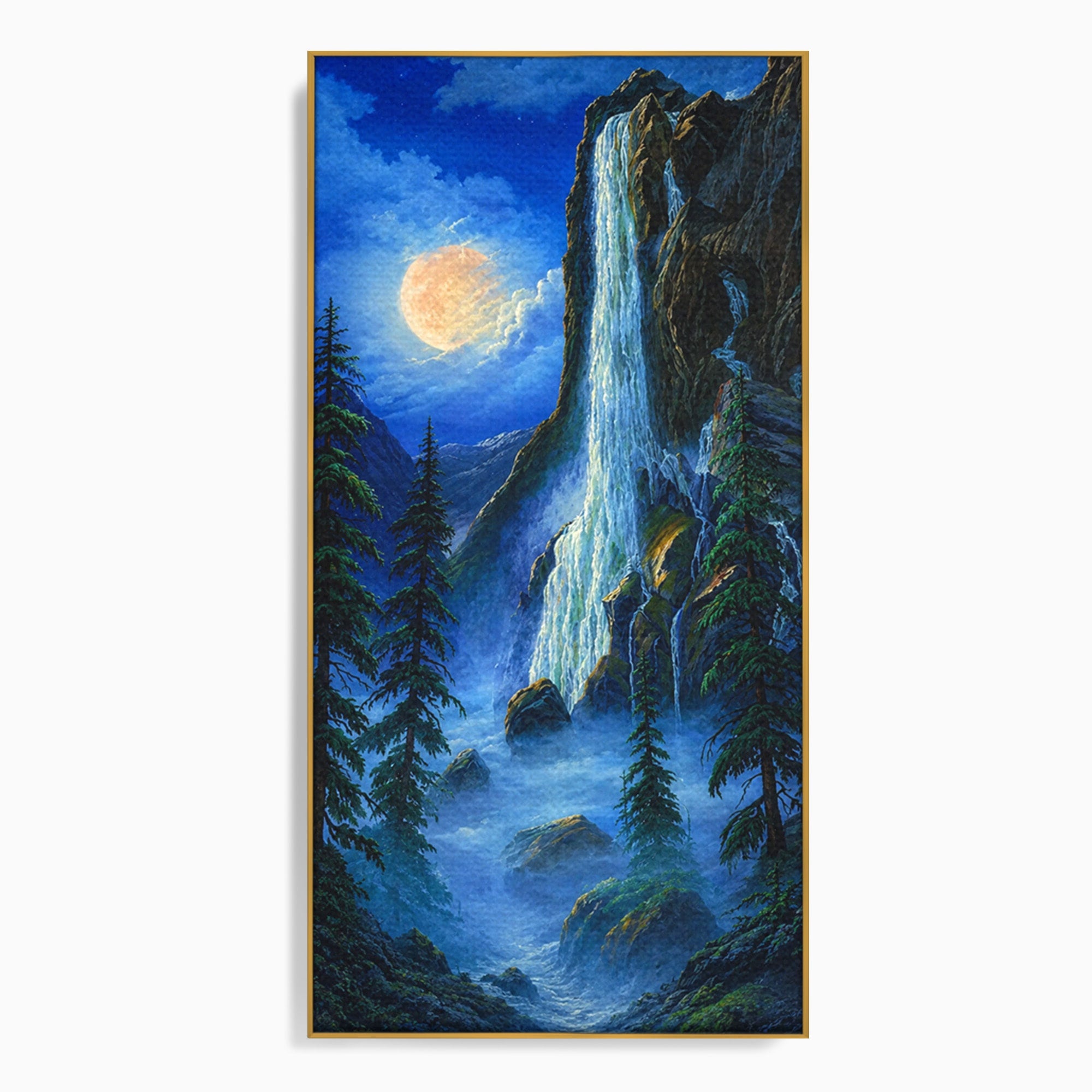 Tablou Canvas Premium LuxCanva® A1755, Cascada Sub Clar De Luna, Cascada, Luna, Peisaj, Natura, Munti, Living, Culori Vibrante