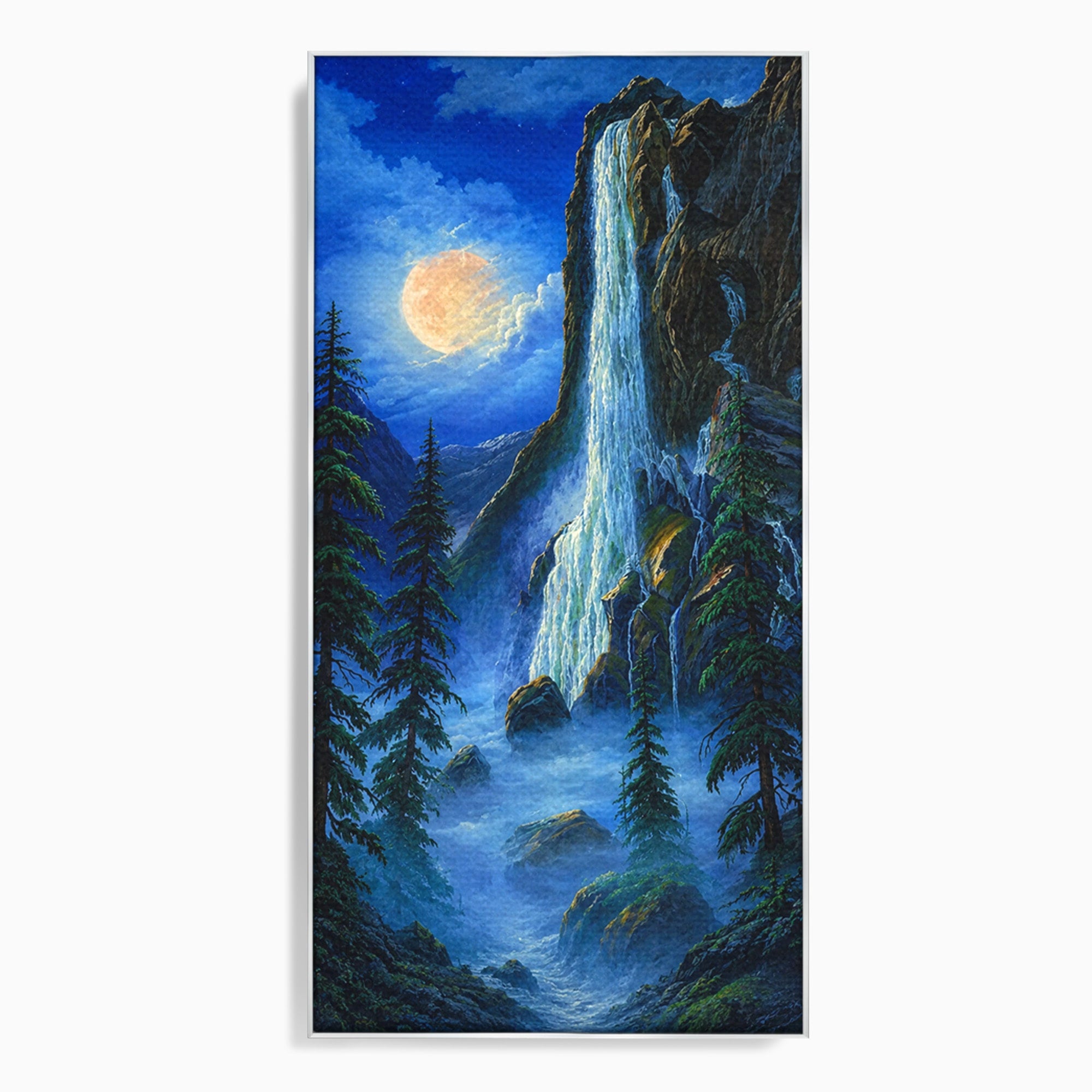 Tablou Canvas Premium LuxCanva® A1755, Cascada Sub Clar De Luna, Cascada, Luna, Peisaj, Natura, Munti, Living, Culori Vibrante