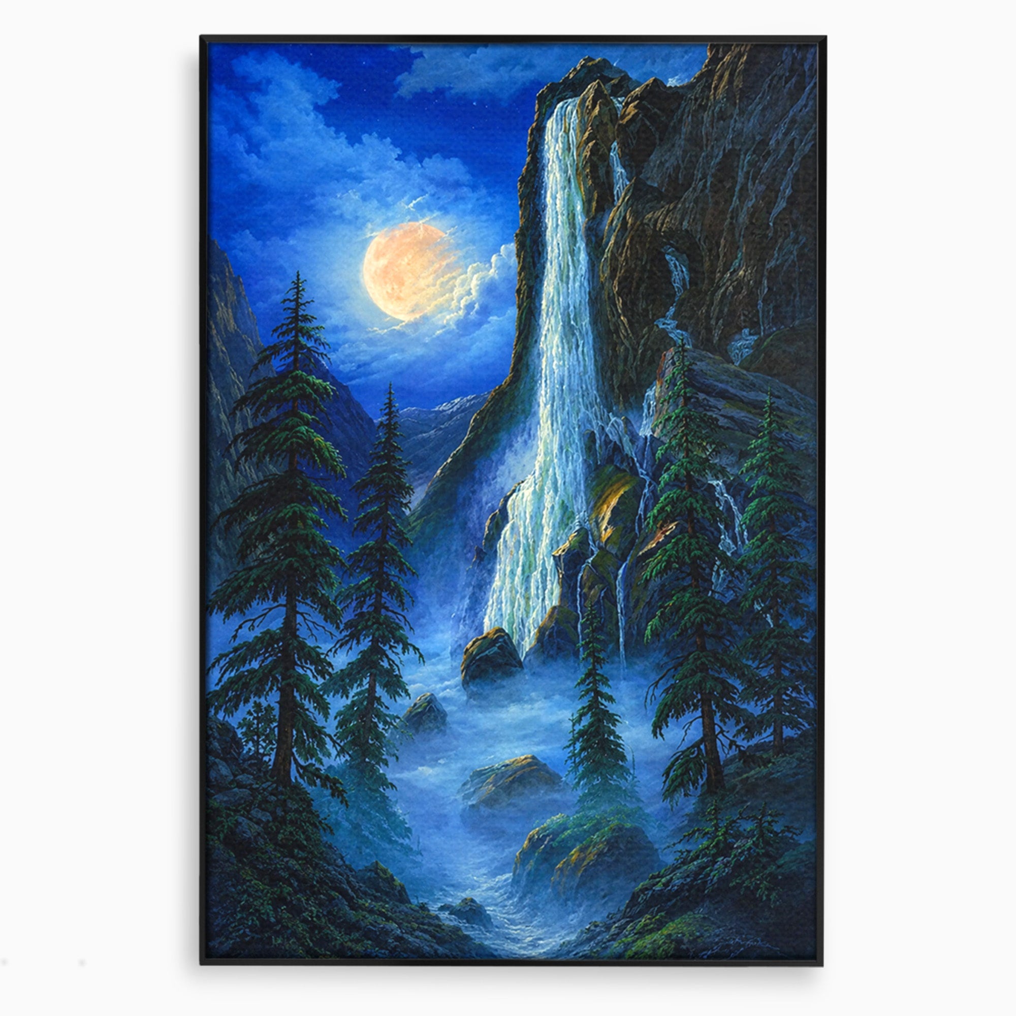Tablou Canvas Premium LuxCanva® A1755, Cascada Sub Clar De Luna, Cascada, Luna, Peisaj, Natura, Munti, Living, Culori Vibrante