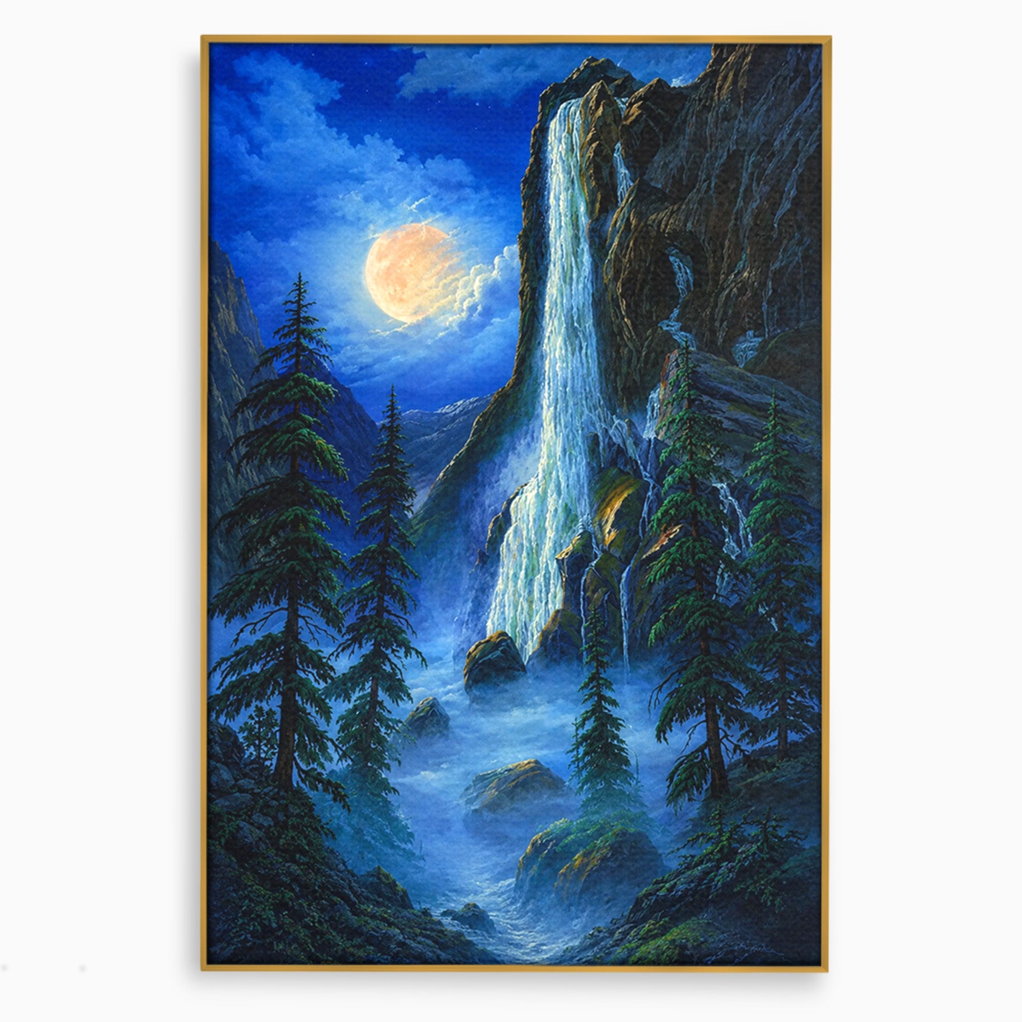 Tablou Canvas Premium LuxCanva® A1755, Cascada Sub Clar De Luna, Cascada, Luna, Peisaj, Natura, Munti, Living, Culori Vibrante