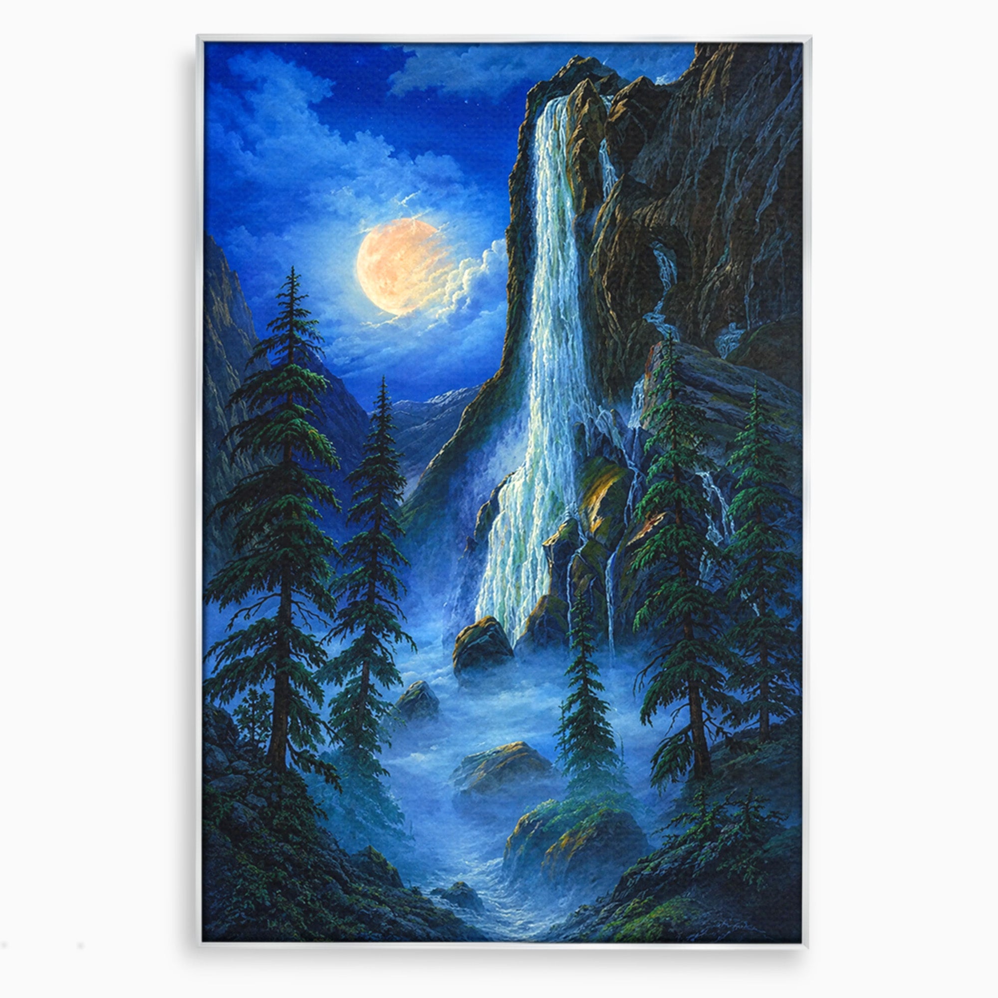 Tablou Canvas Premium LuxCanva® A1755, Cascada Sub Clar De Luna, Cascada, Luna, Peisaj, Natura, Munti, Living, Culori Vibrante