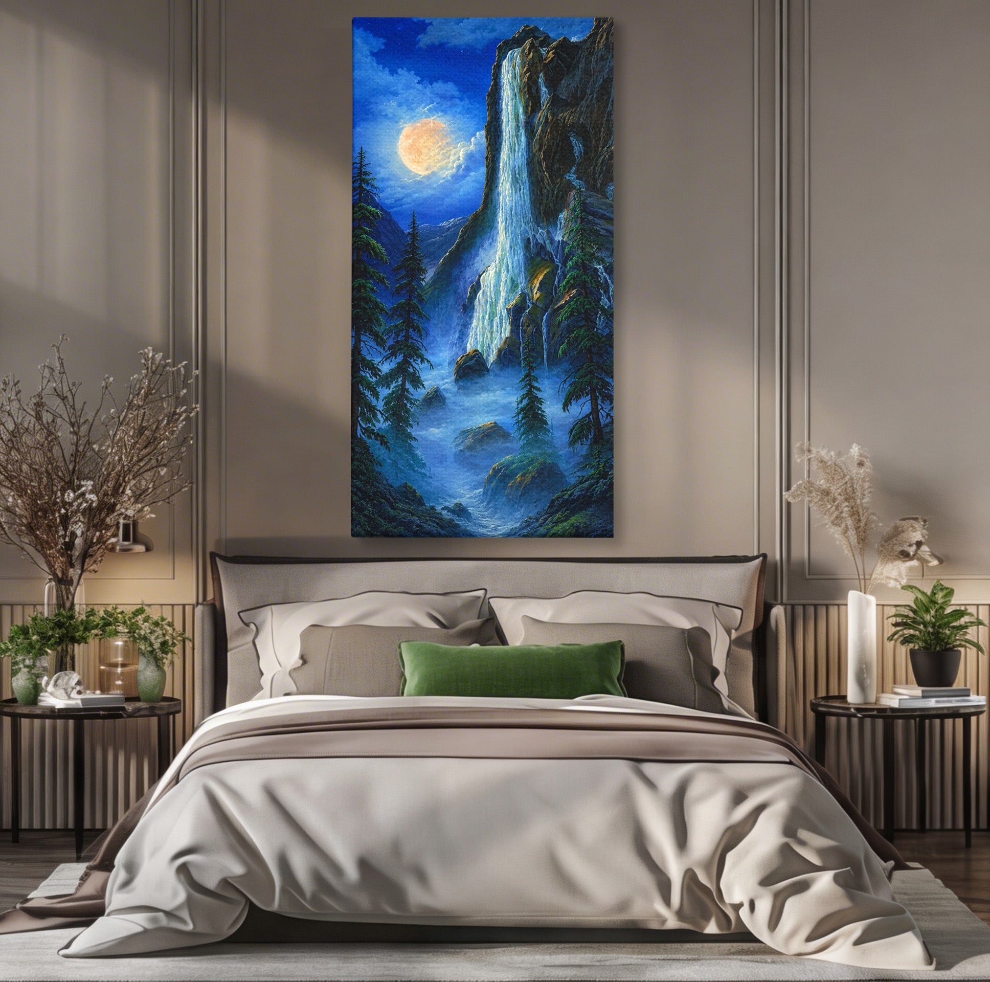 Tablou Canvas Premium LuxCanva® A1755, Cascada Sub Clar De Luna, Cascada, Luna, Peisaj, Natura, Munti, Living, Culori Vibrante