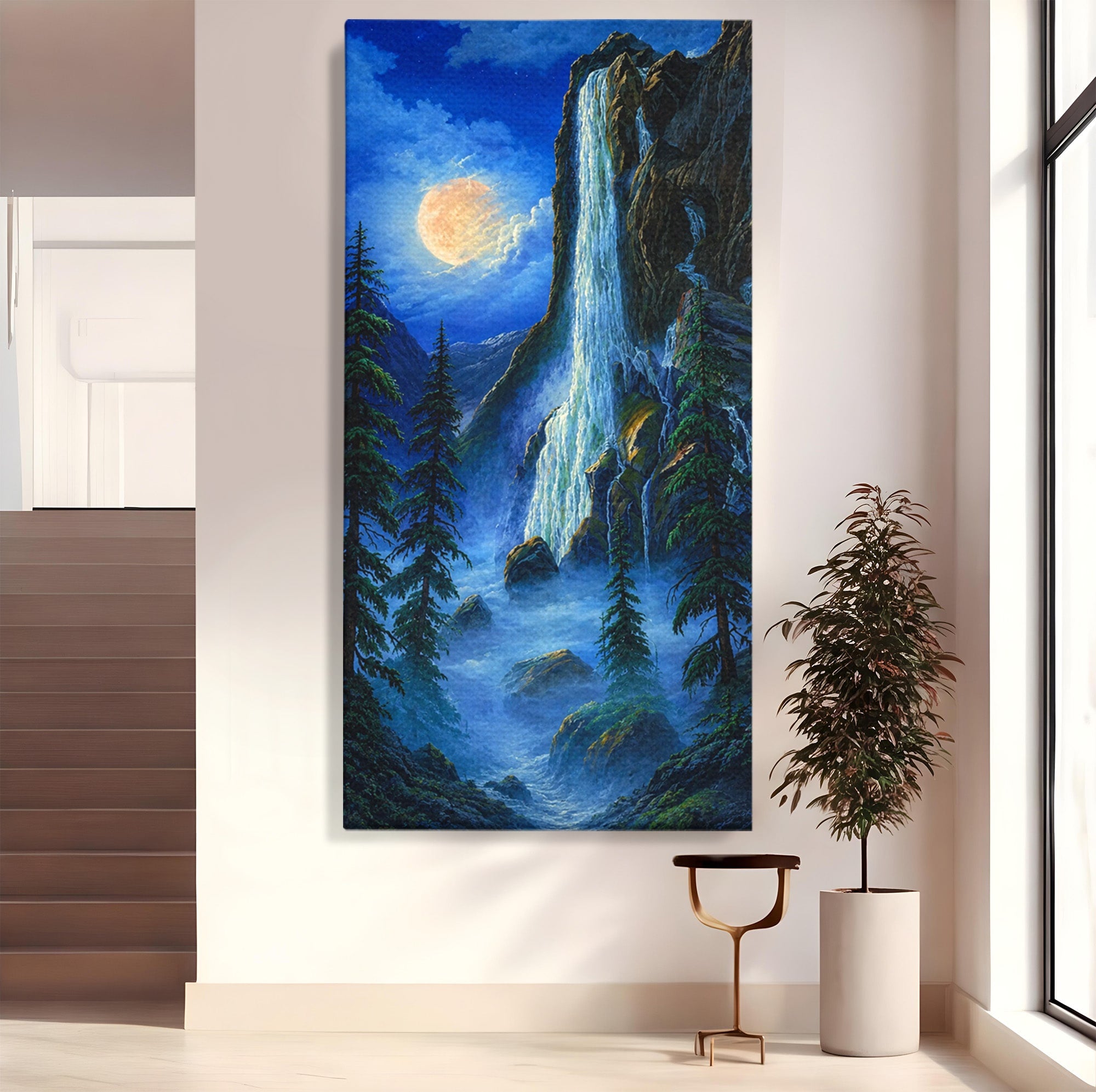 Tablou Canvas Premium LuxCanva® A1755, Cascada Sub Clar De Luna, Cascada, Luna, Peisaj, Natura, Munti, Living, Culori Vibrante