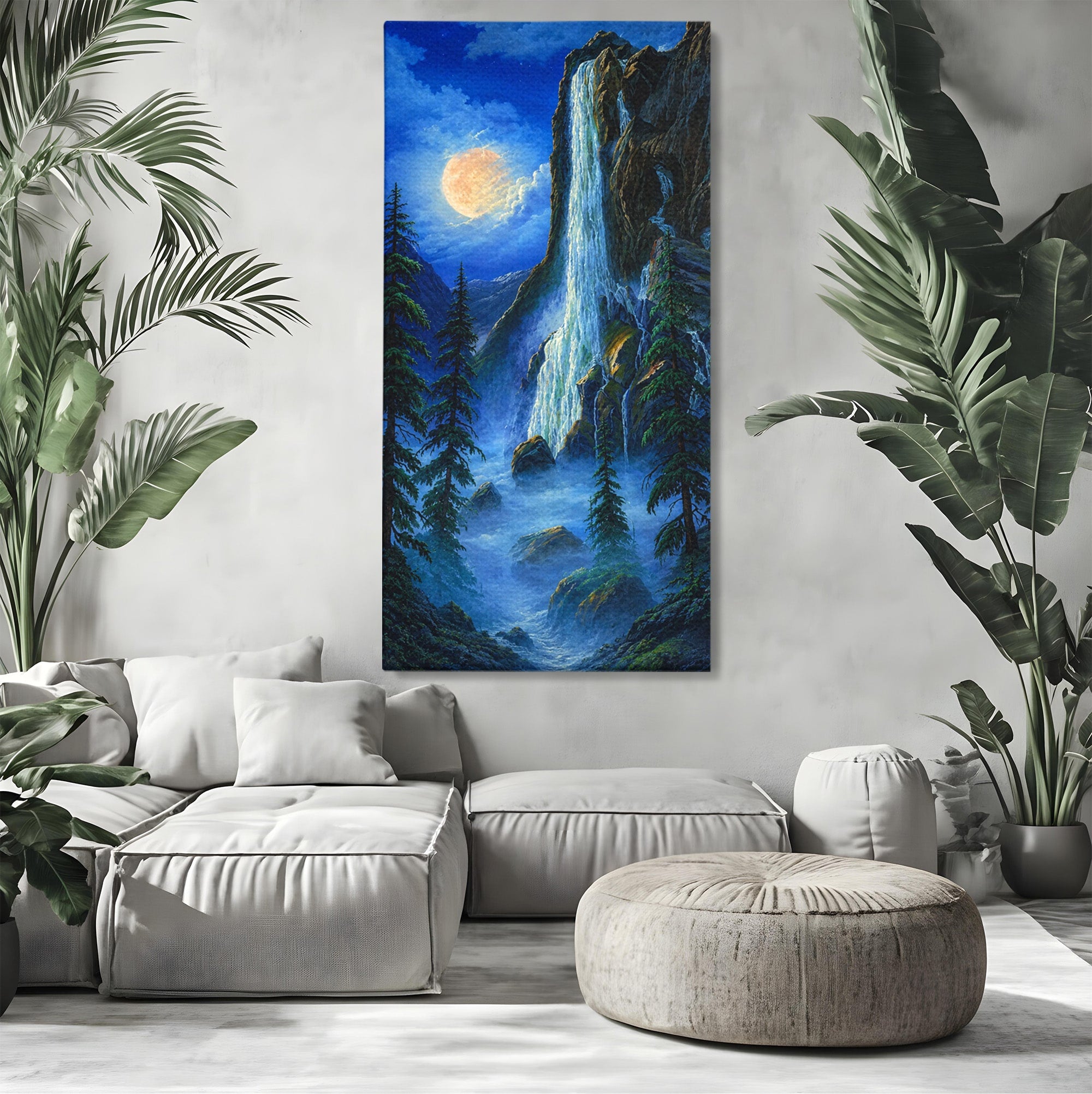 Tablou Canvas Premium LuxCanva® A1755, Cascada Sub Clar De Luna, Cascada, Luna, Peisaj, Natura, Munti, Living, Culori Vibrante