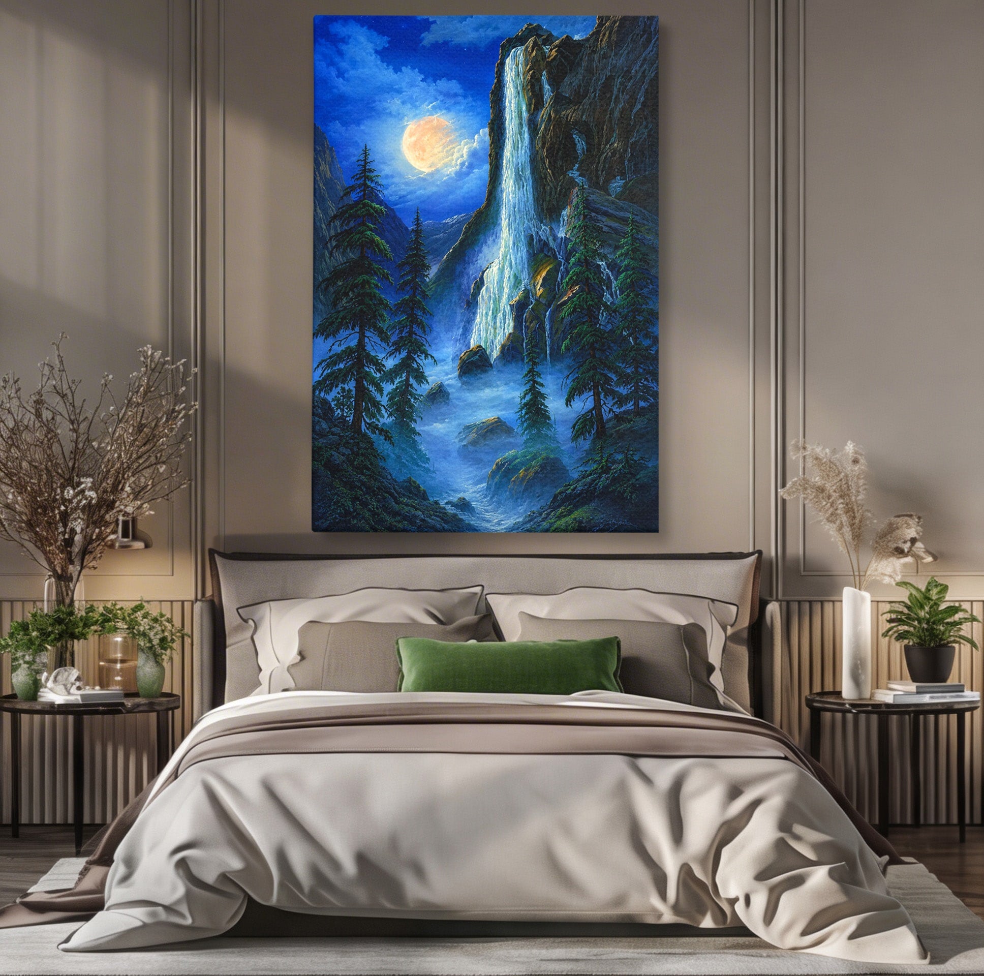 Tablou Canvas Premium LuxCanva® A1755, Cascada Sub Clar De Luna, Cascada, Luna, Peisaj, Natura, Munti, Living, Culori Vibrante