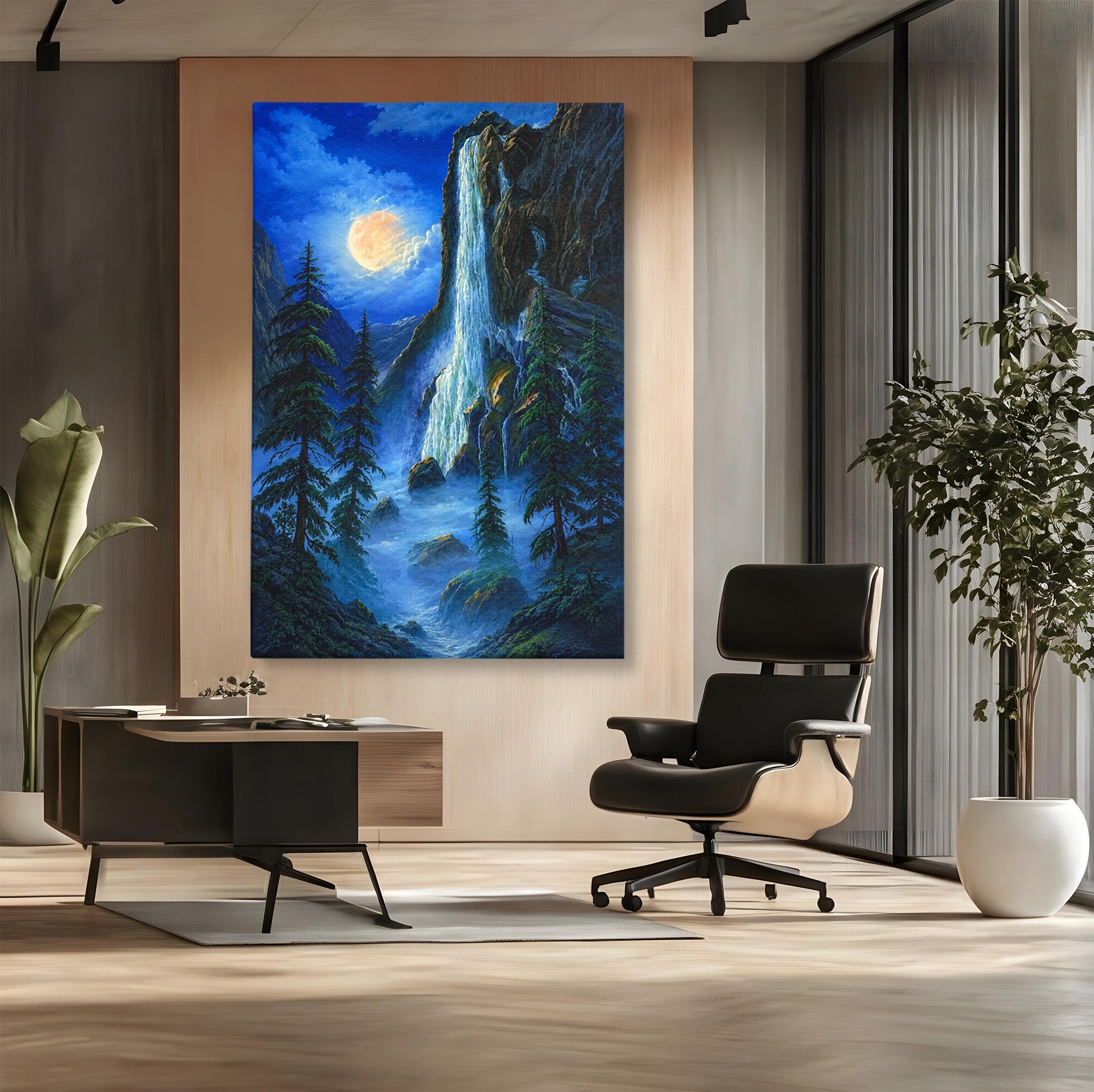 Tablou Canvas Premium LuxCanva® A1755, Cascada Sub Clar De Luna, Cascada, Luna, Peisaj, Natura, Munti, Living, Culori Vibrante