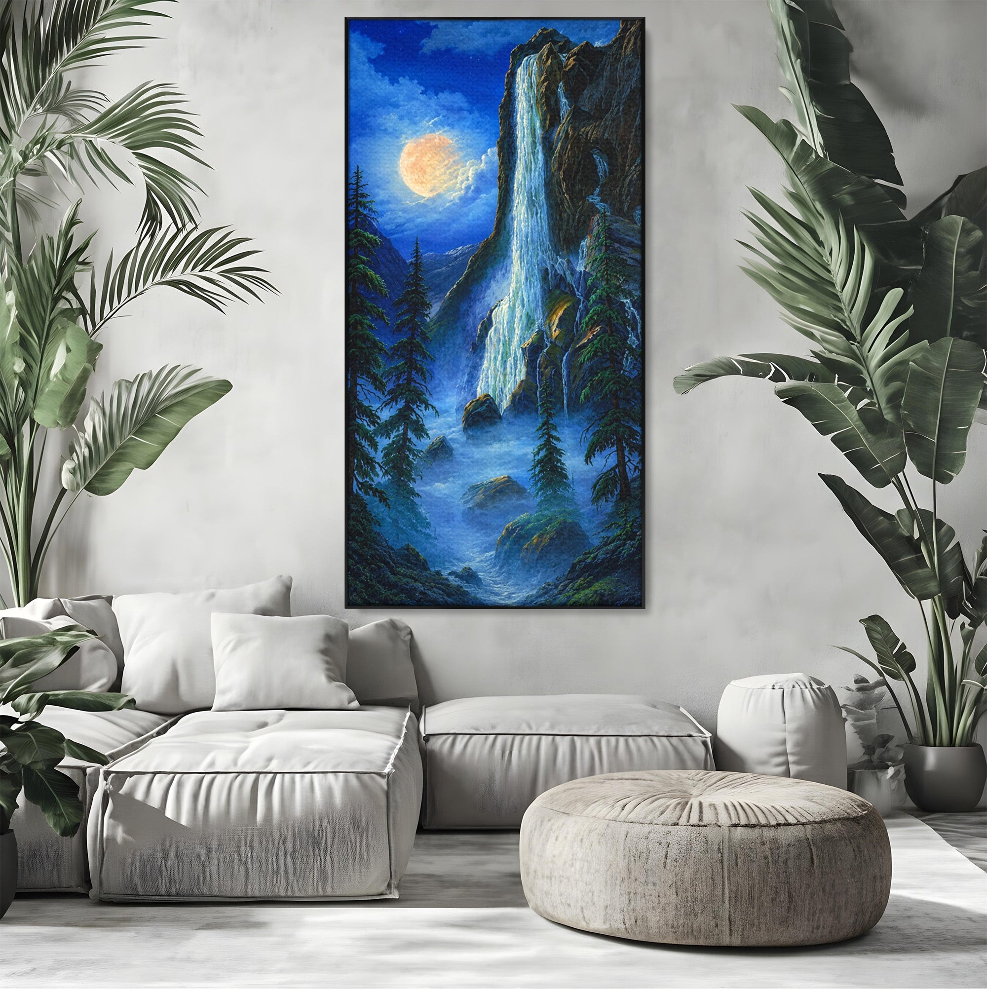 Tablou Canvas Premium LuxCanva® A1755, Cascada Sub Clar De Luna, Cascada, Luna, Peisaj, Natura, Munti, Living, Culori Vibrante