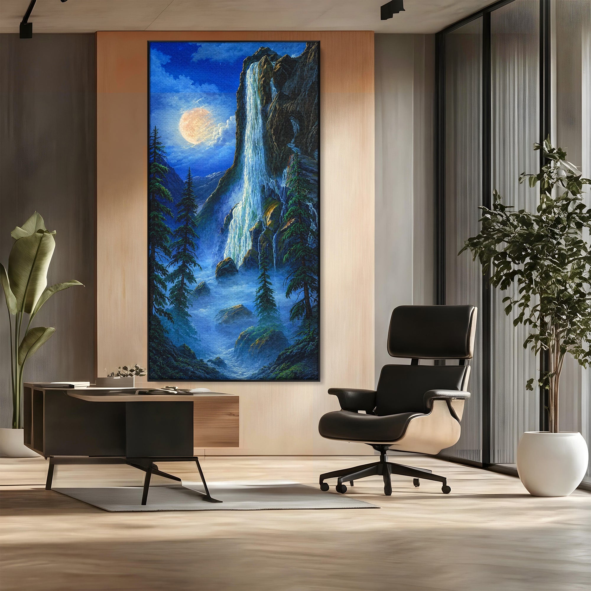 Tablou Canvas Premium LuxCanva® A1755, Cascada Sub Clar De Luna, Cascada, Luna, Peisaj, Natura, Munti, Living, Culori Vibrante