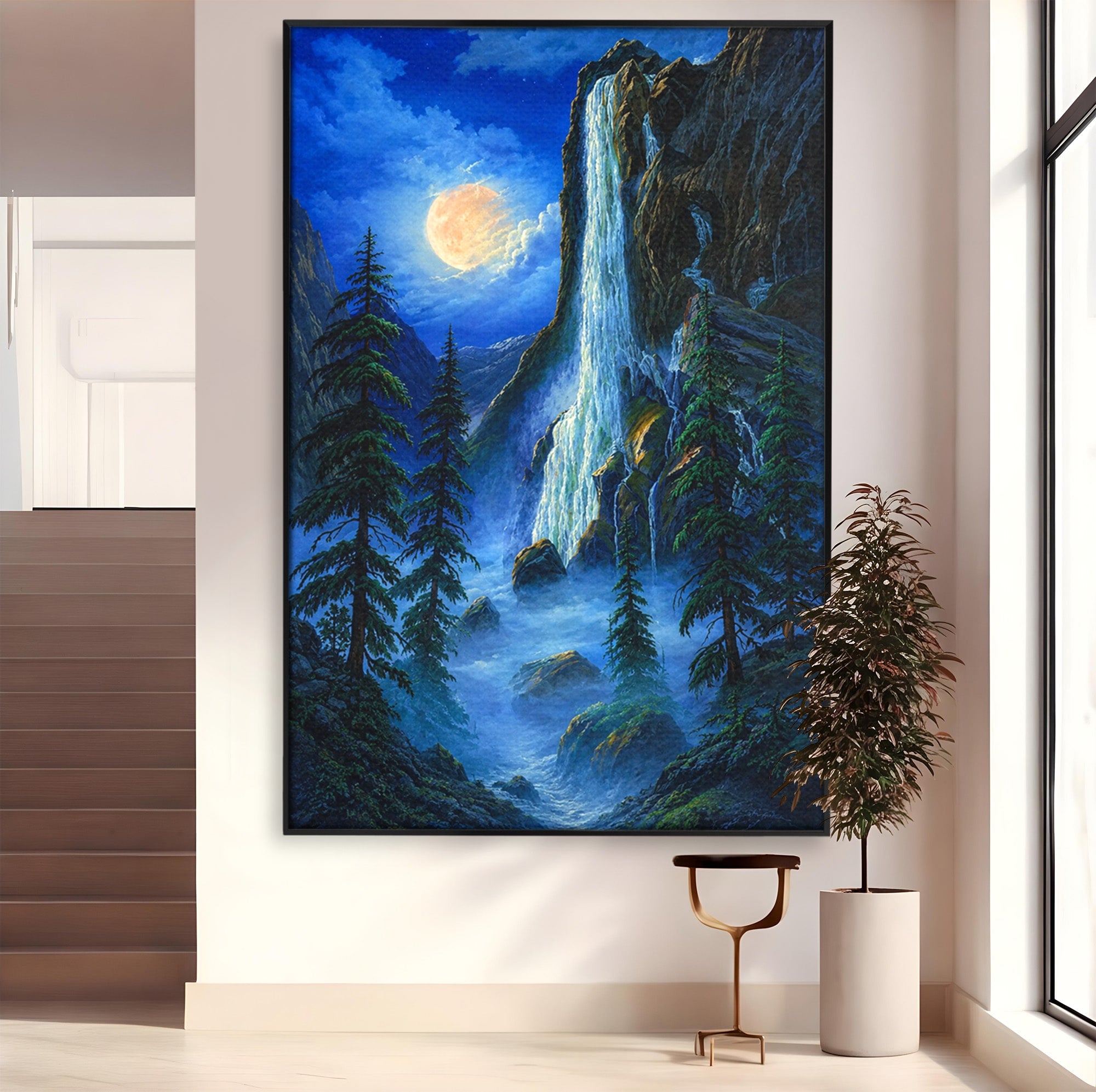Tablou Canvas Premium LuxCanva® A1755, Cascada Sub Clar De Luna, Cascada, Luna, Peisaj, Natura, Munti, Living, Culori Vibrante