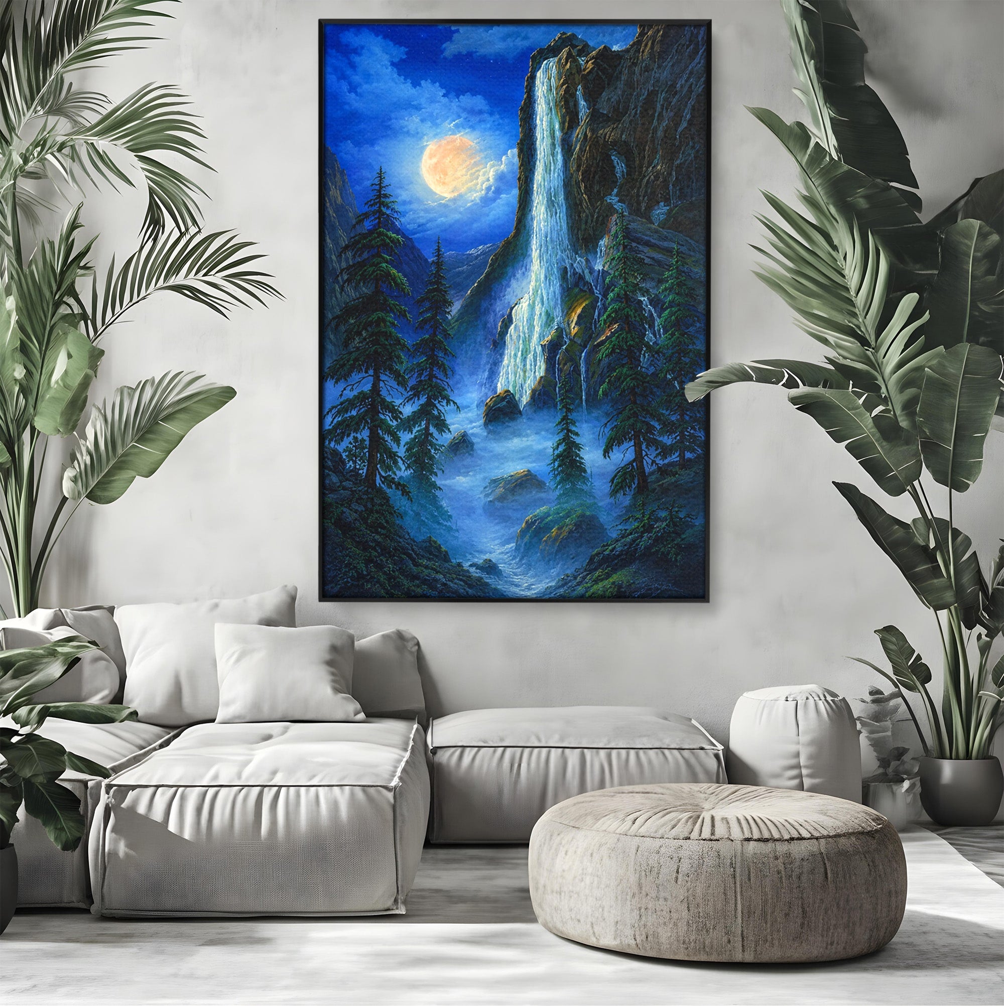 Tablou Canvas Premium LuxCanva® A1755, Cascada Sub Clar De Luna, Cascada, Luna, Peisaj, Natura, Munti, Living, Culori Vibrante