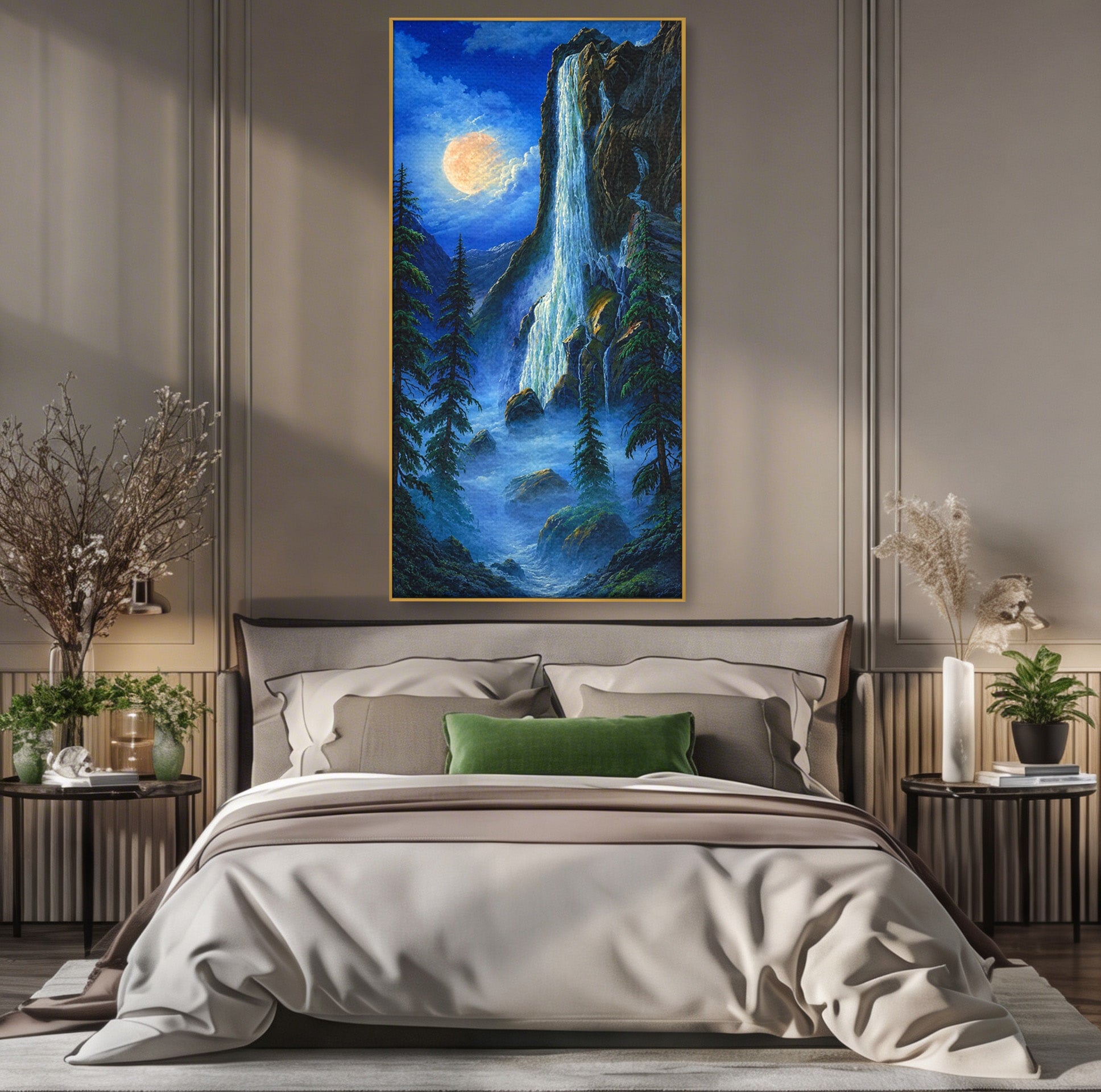 Tablou Canvas Premium LuxCanva® A1755, Cascada Sub Clar De Luna, Cascada, Luna, Peisaj, Natura, Munti, Living, Culori Vibrante