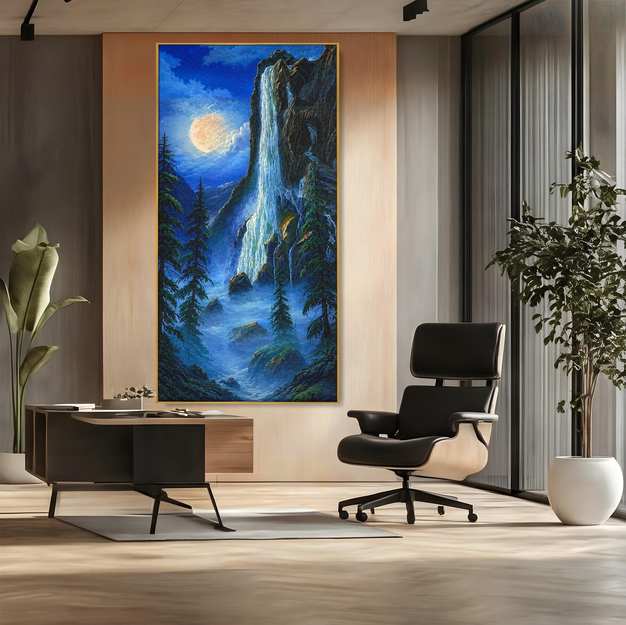 Tablou Canvas Premium LuxCanva® A1755, Cascada Sub Clar De Luna, Cascada, Luna, Peisaj, Natura, Munti, Living, Culori Vibrante