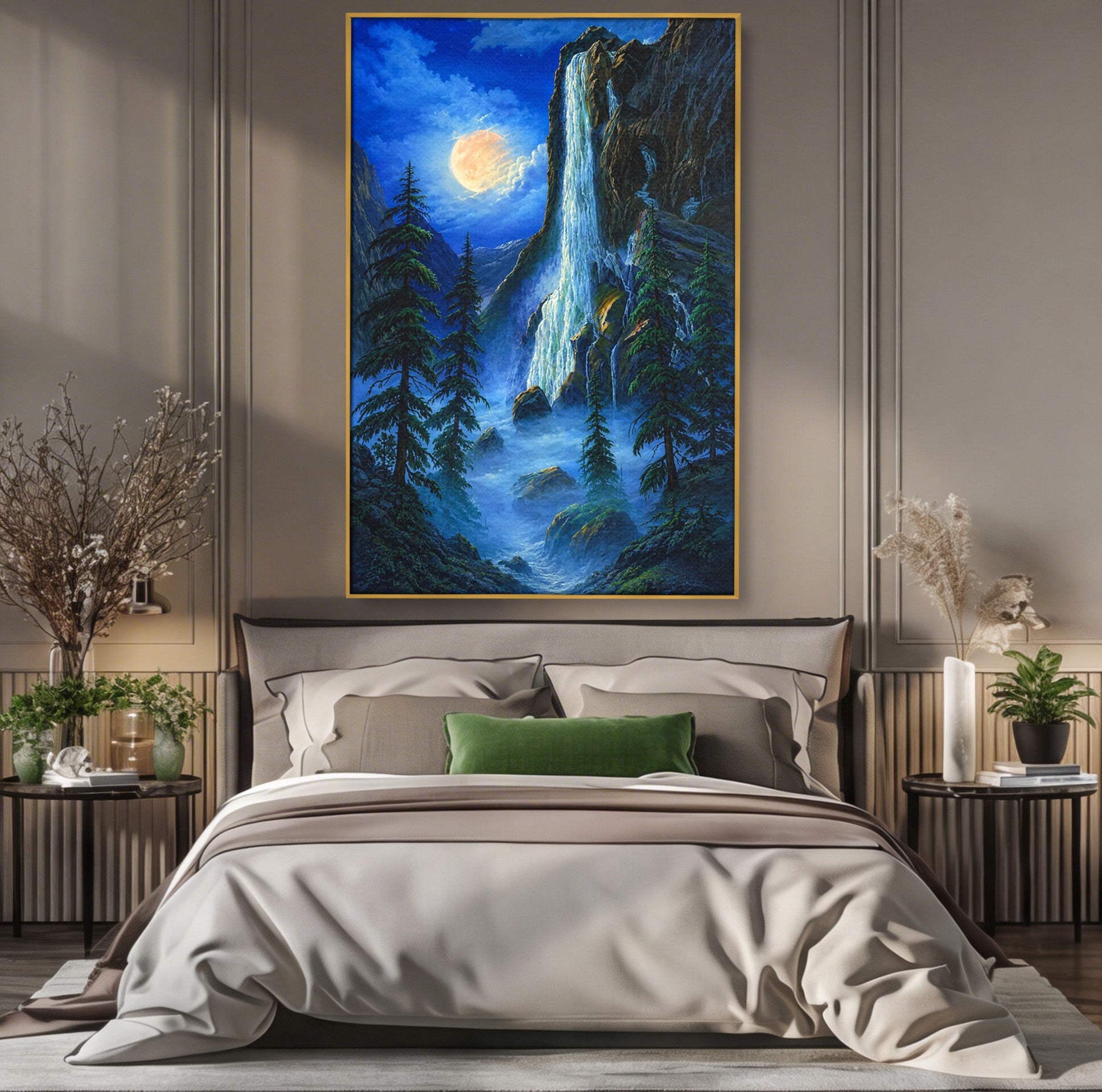 Tablou Canvas Premium LuxCanva® A1755, Cascada Sub Clar De Luna, Cascada, Luna, Peisaj, Natura, Munti, Living, Culori Vibrante
