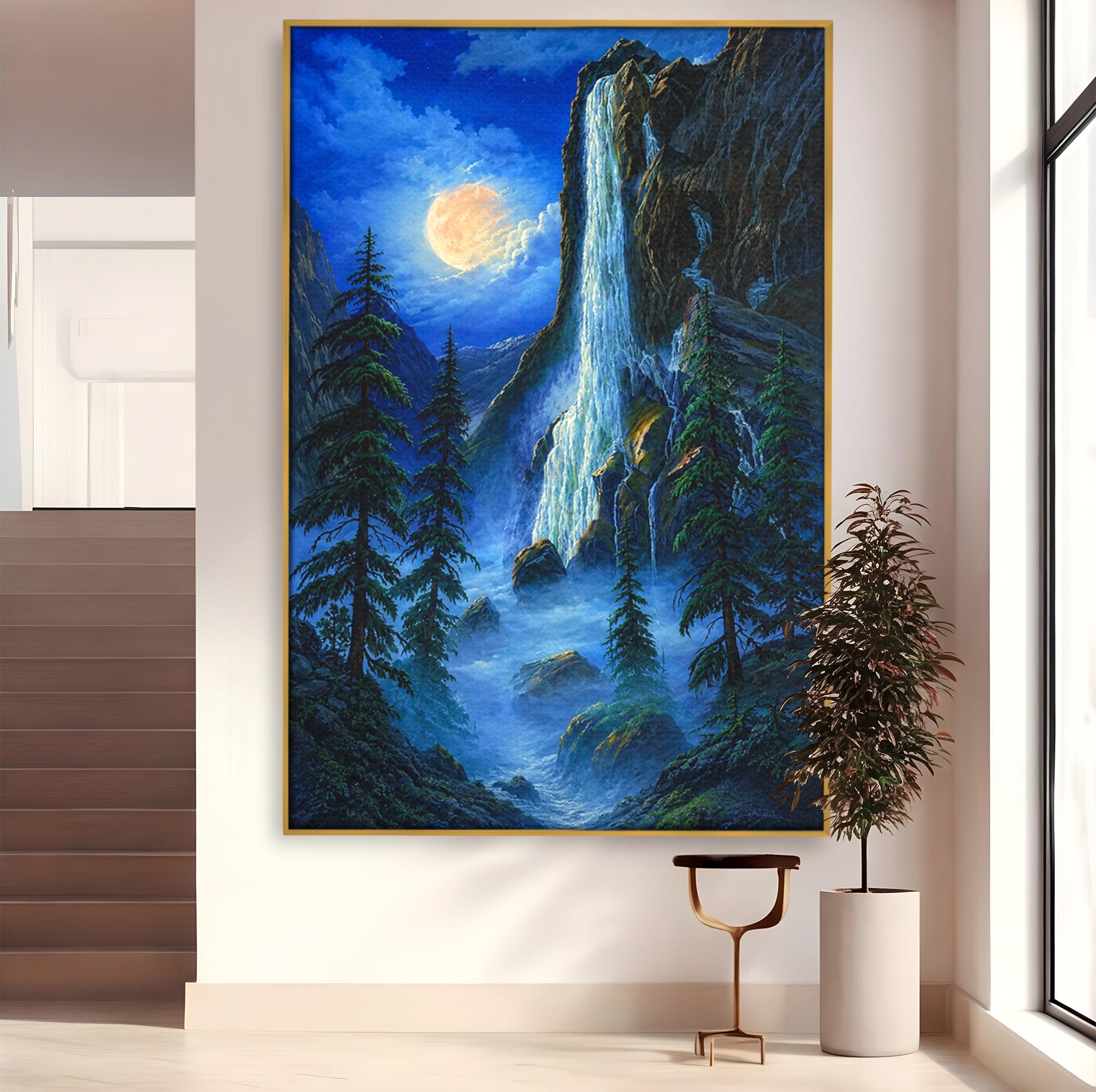 Tablou Canvas Premium LuxCanva® A1755, Cascada Sub Clar De Luna, Cascada, Luna, Peisaj, Natura, Munti, Living, Culori Vibrante