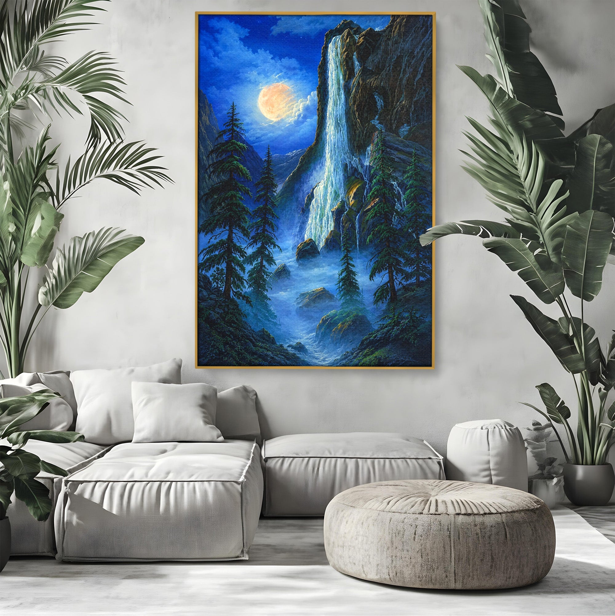 Tablou Canvas Premium LuxCanva® A1755, Cascada Sub Clar De Luna, Cascada, Luna, Peisaj, Natura, Munti, Living, Culori Vibrante